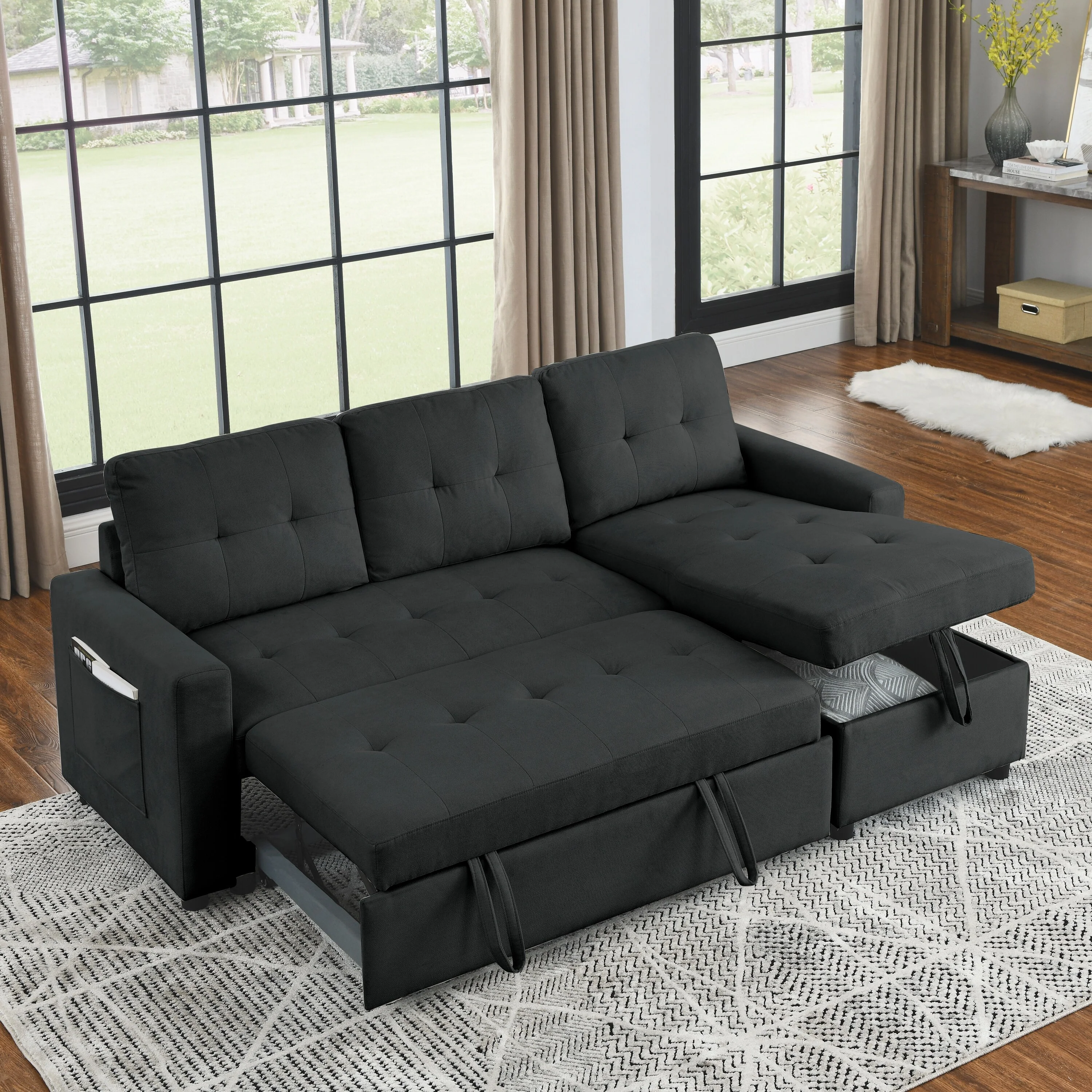 78.5 3-Seater Sleeper Sectional Sofa with Storage Chaise, Pull-Out Bed and Convenient Side Pocket