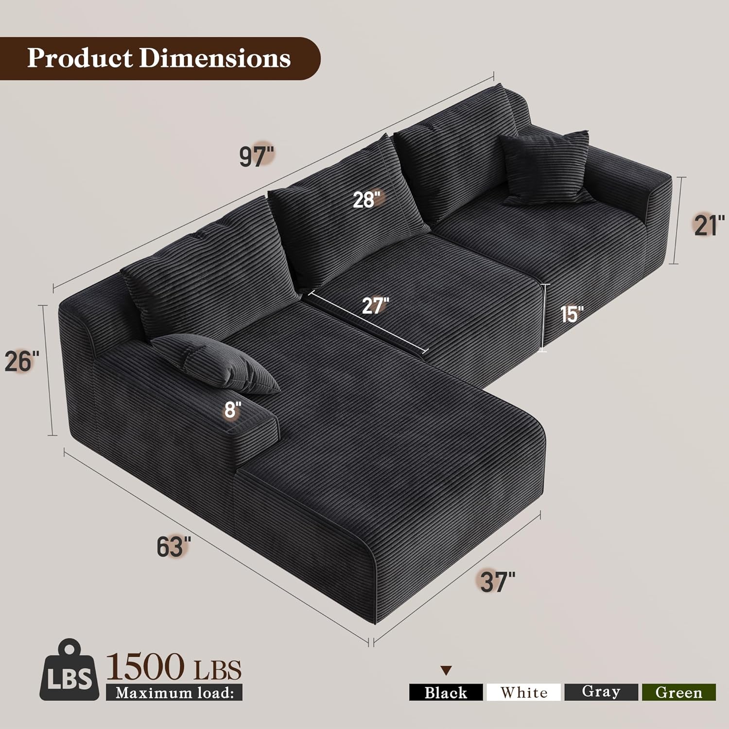 97 L-Shaped Cloud Boneless Couch with Deep Seat, Modular Sectional Sofa with Chaise, Flexible Module Combination for Living Room, Bedroom, No Assembly (Black, Left Facing Chaise)