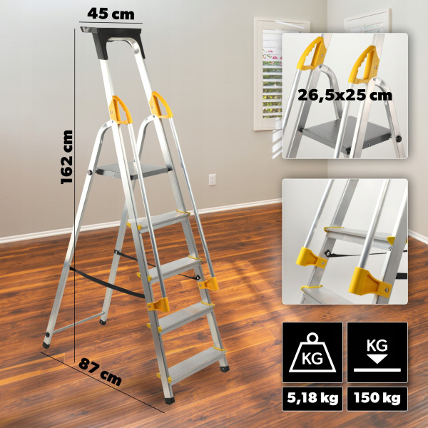 Kadax Drabina Domowa Aluminiowa 5 Stopni   Poręcze