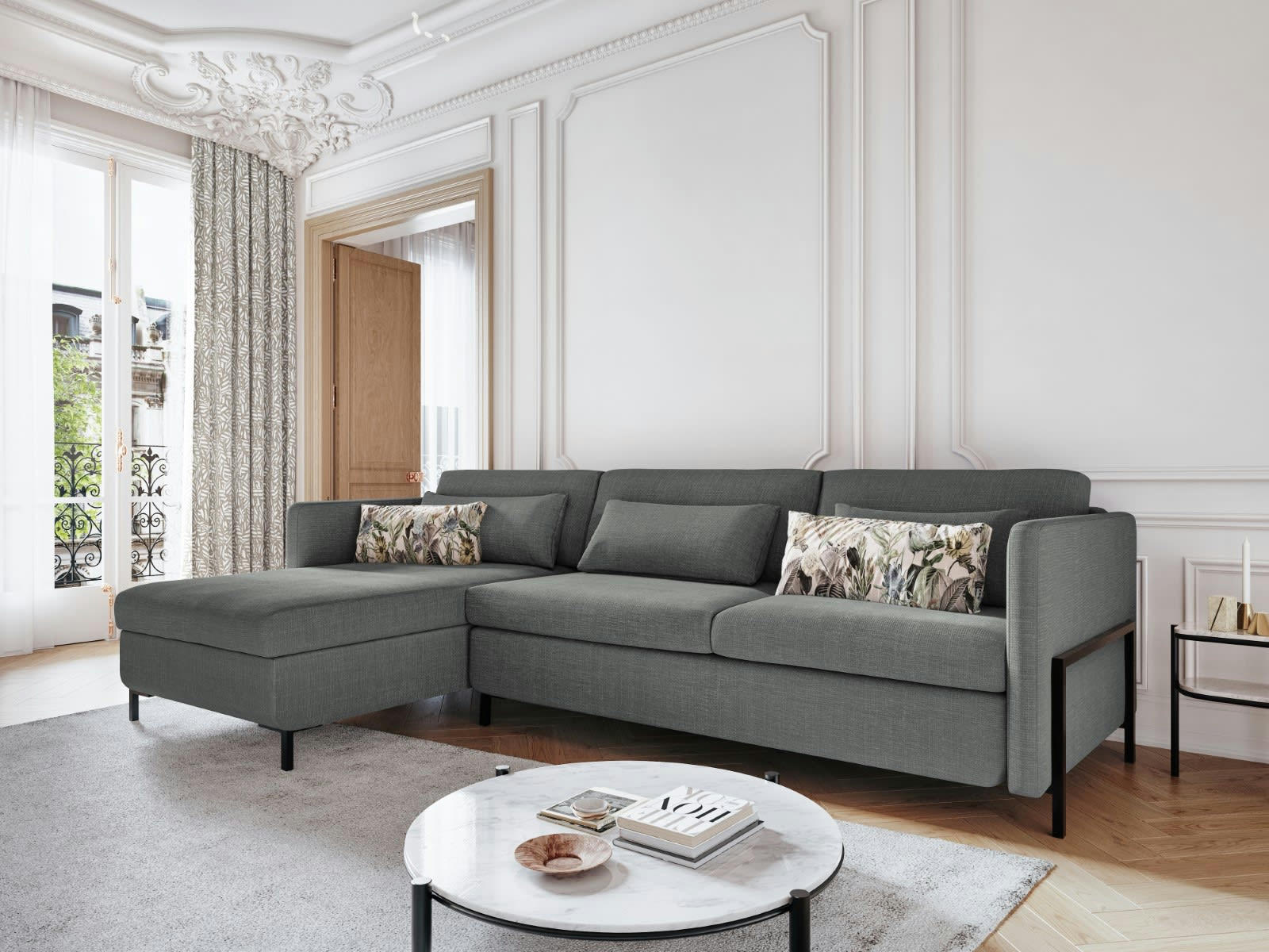 YANIS - Canapé D'Angle Gauche Conv. Coffre 5 places en Tissu Structurel Gris