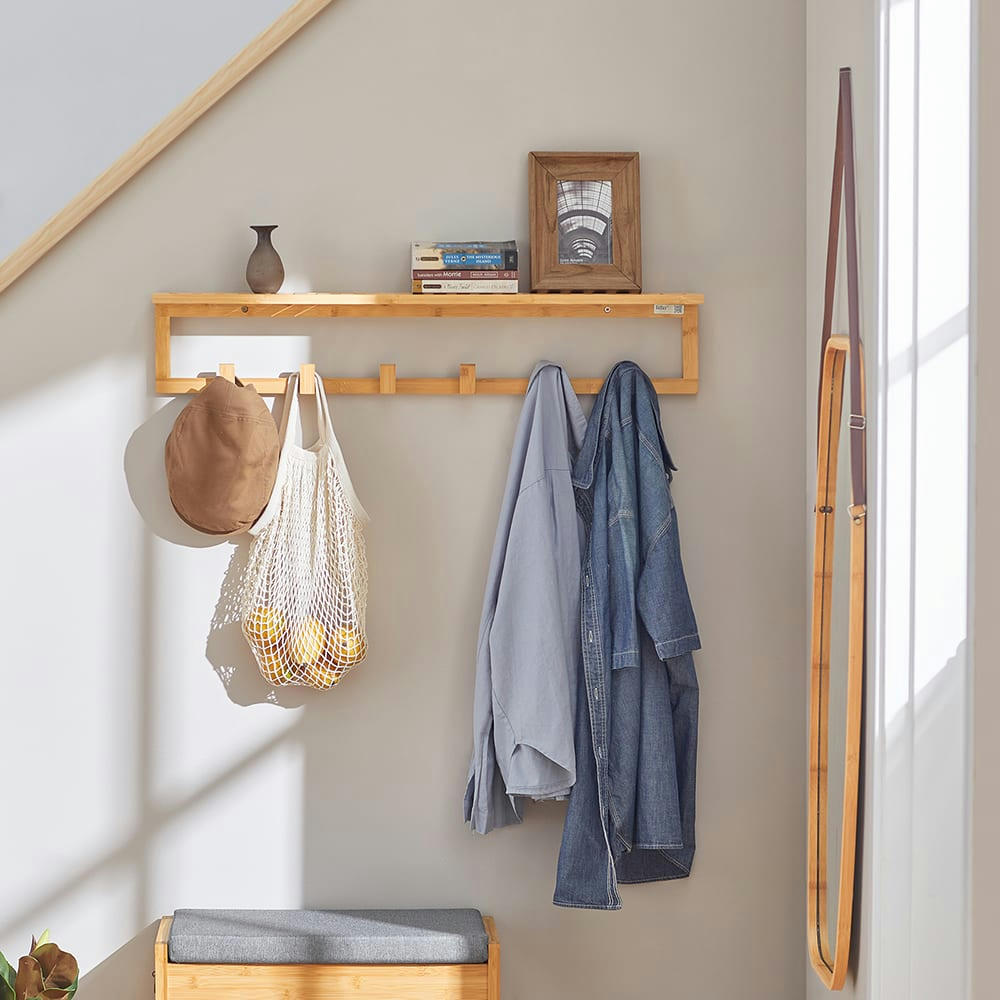 - Porte-manteau mural avec crochets en bambou naturel