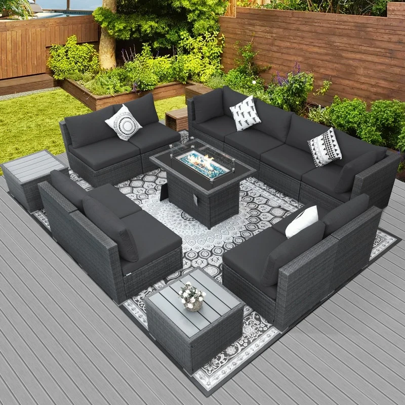 FINCATI Outdoor Grey Wicker Sectional Furniture Patio Sofa Set with Firepit Table