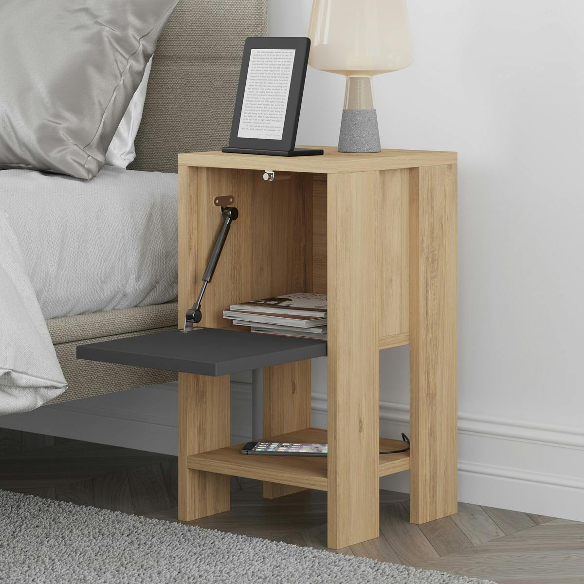 Petite table de chevet décor bois porte grise MARFA