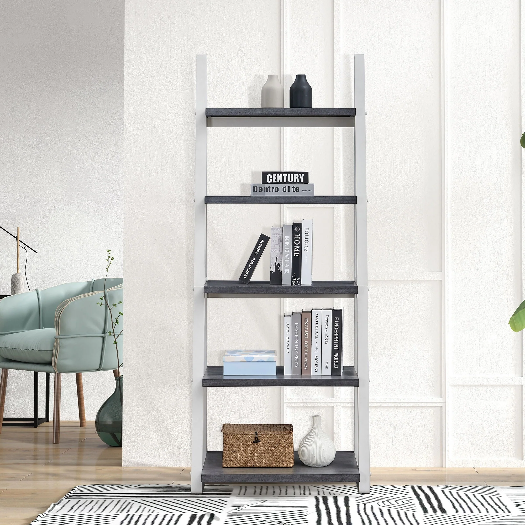 5-Tier Shelves,Bookshelf, Storage Rack, Bookcase with Rubber Wood Frame, Ladder Shelf