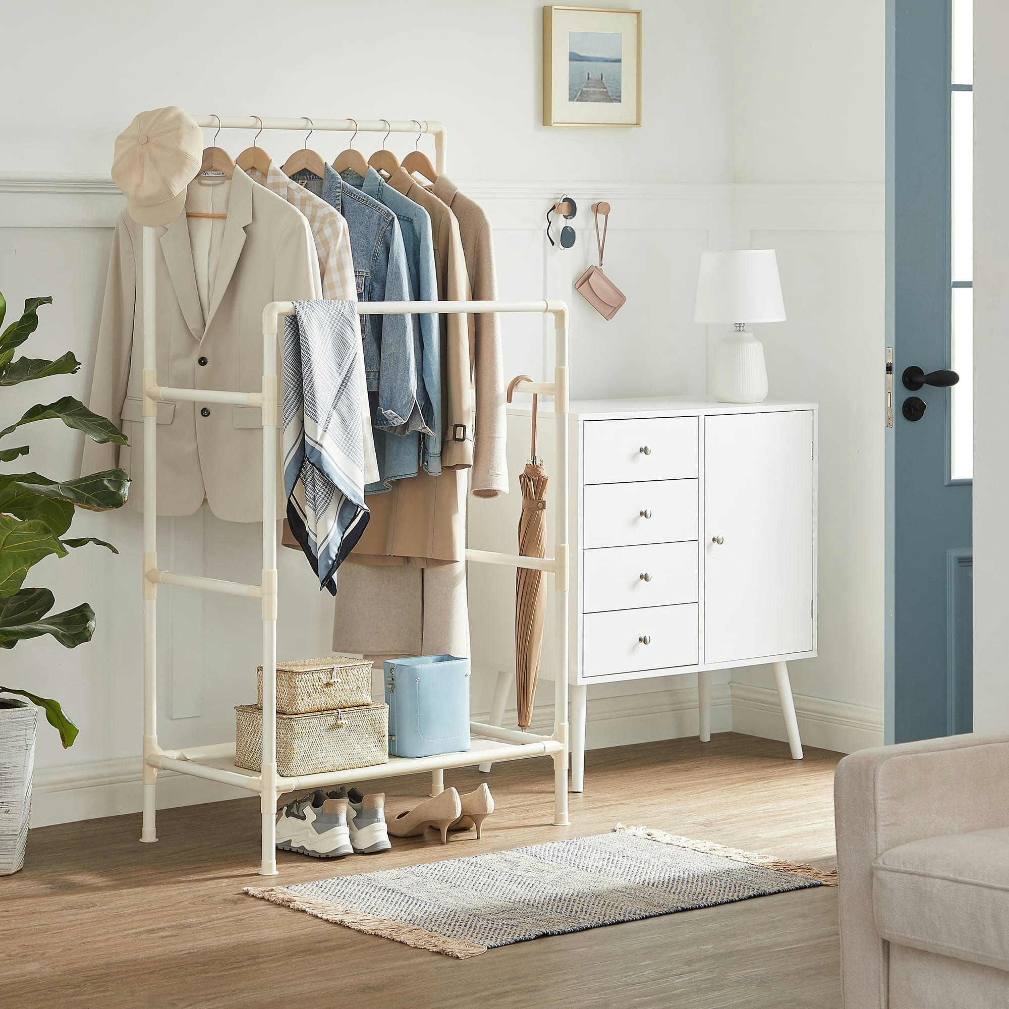 AVEC 2 RAILS - Portant à vêtements double barre métal blanc