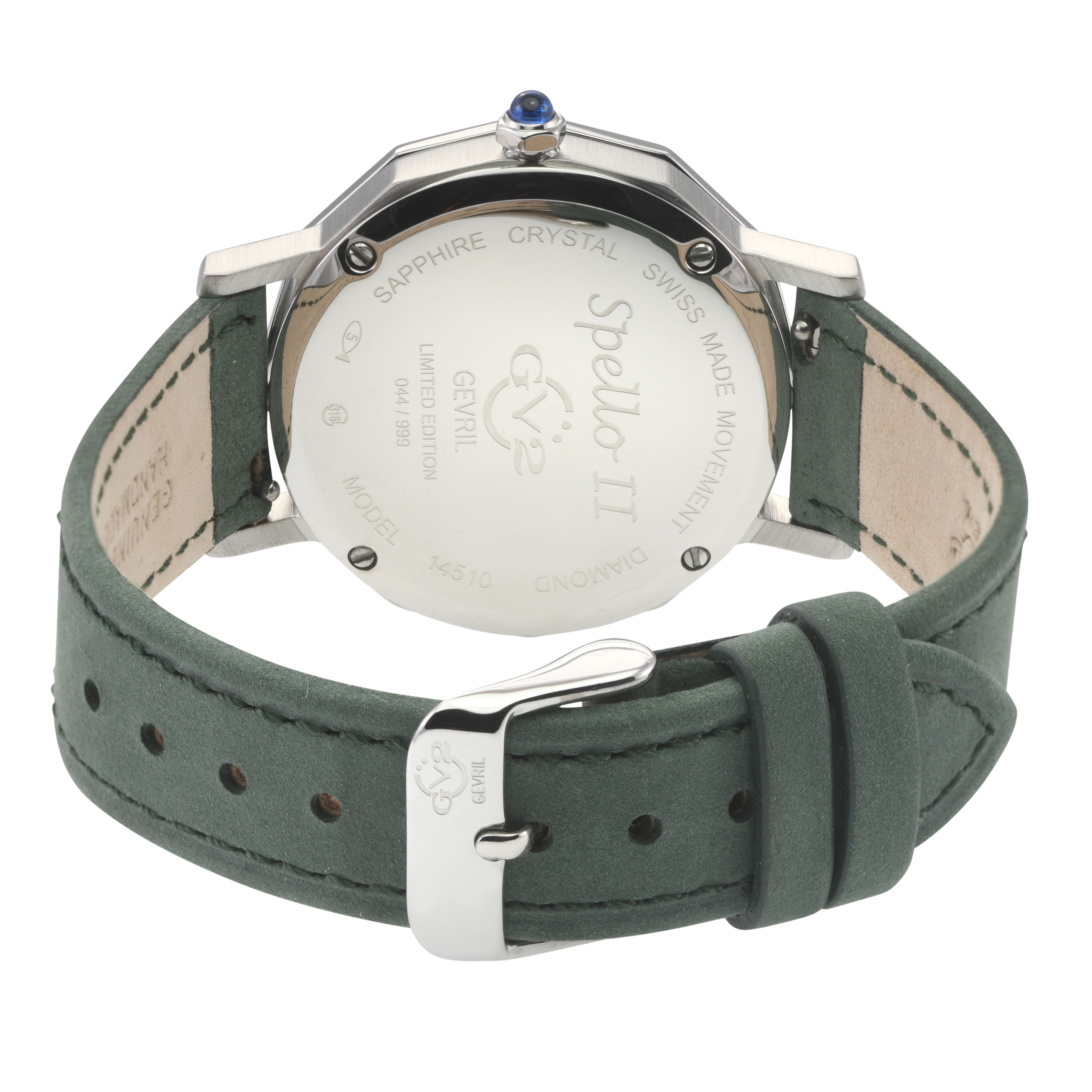 GV2 Spello II SS Case, White MOP Dial, Black Handmade Italian Leather Strap..
