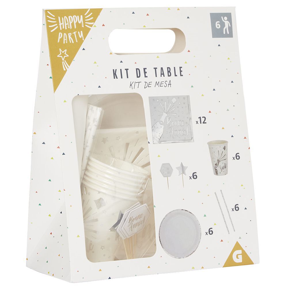Kit jetable Bonne année vaisselle et accessoire 6 personnes argenté