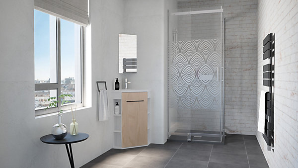 Meuble d’angle tout en un compact H.84 x l.46 cm, blanc mat, porte décor bois, Nova