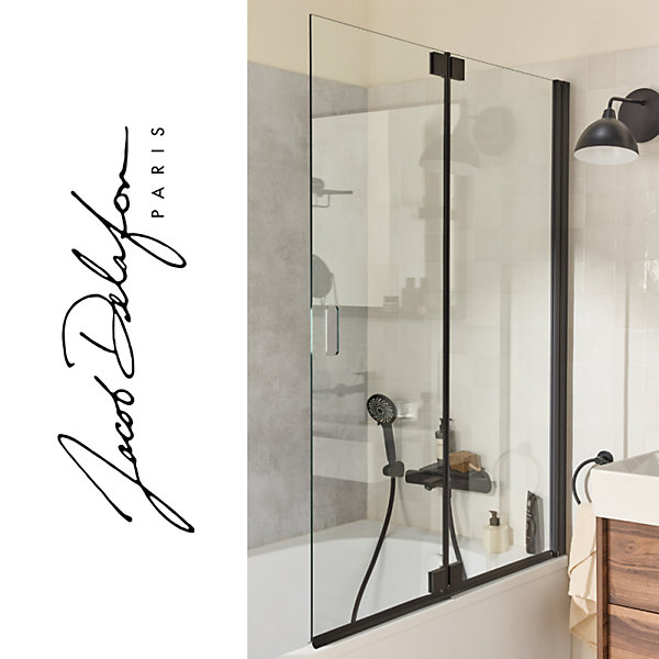 Pack baignoire bain douche 170 x 90 JACOB DELAFON Bastille vidage à gauche blanc mat   tablier en angle   pare-bain noir