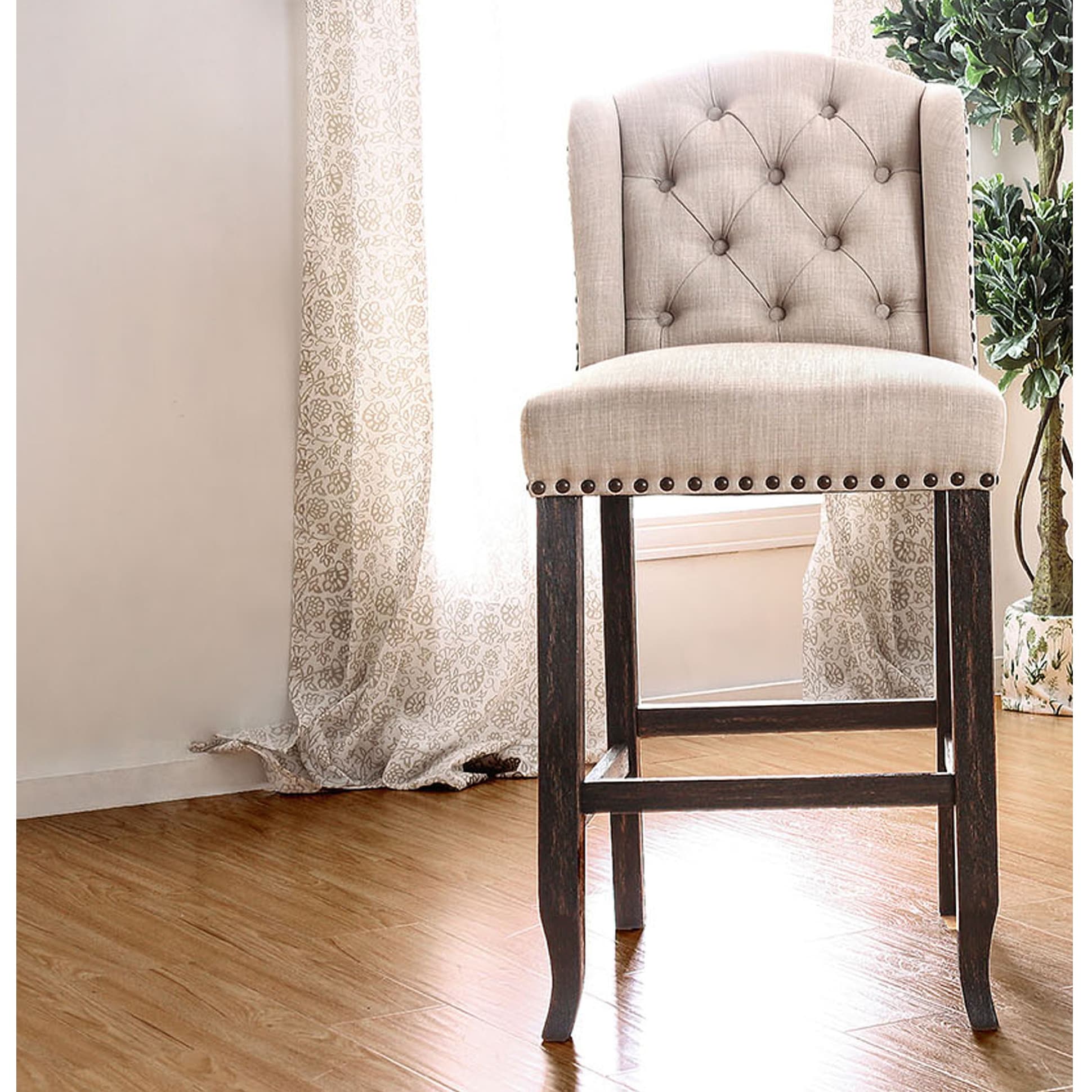 Button Tufted Fabric Upholstered Wooden Bar Chair, Beige and Black, Set of Two