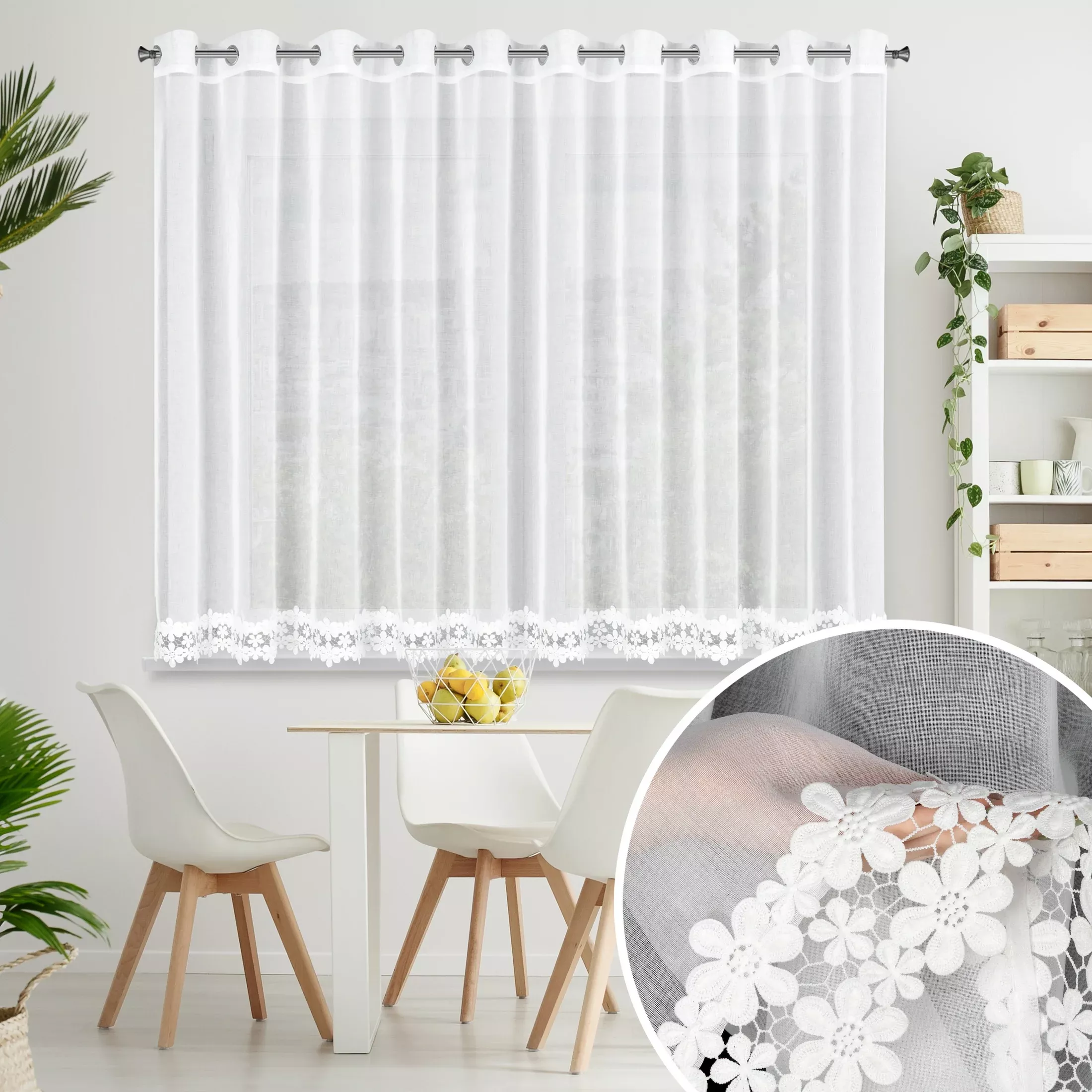 Firana biała z etaminy zdobiona haftowaną gipiurą w kwiaty 350x145 cm przelotka - KAJA