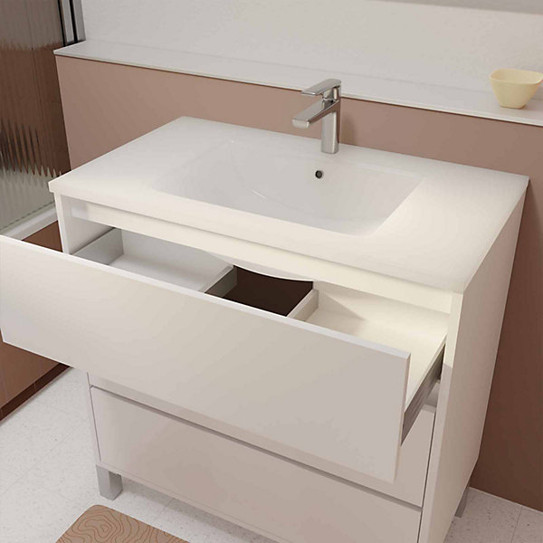 Ensemble Meuble de salle de bain blanc 80 cm sur pied 3 tiroirs   vasque ceramique blanche   miroir