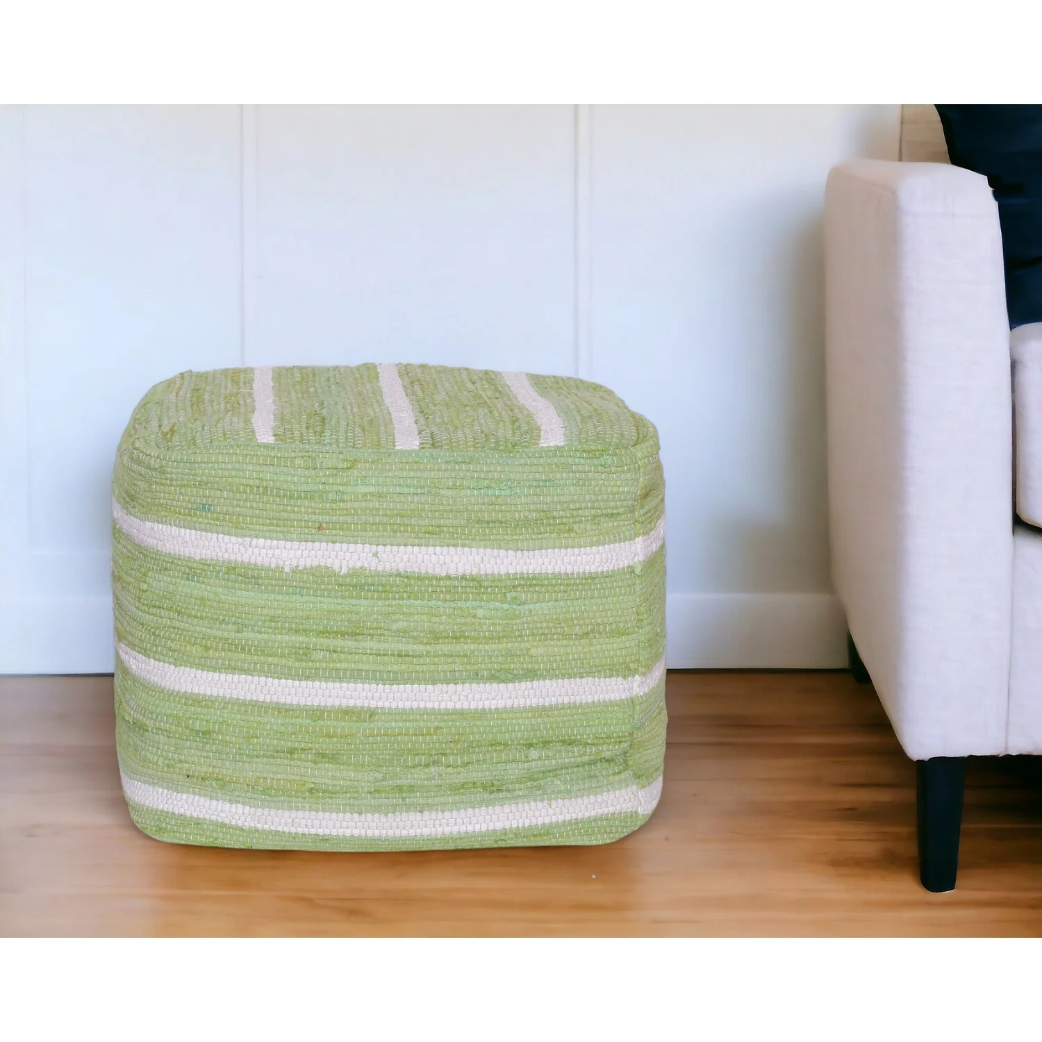 18 Inch Pouf Ottoman Cotton Cube Striped Accent Foot Stool