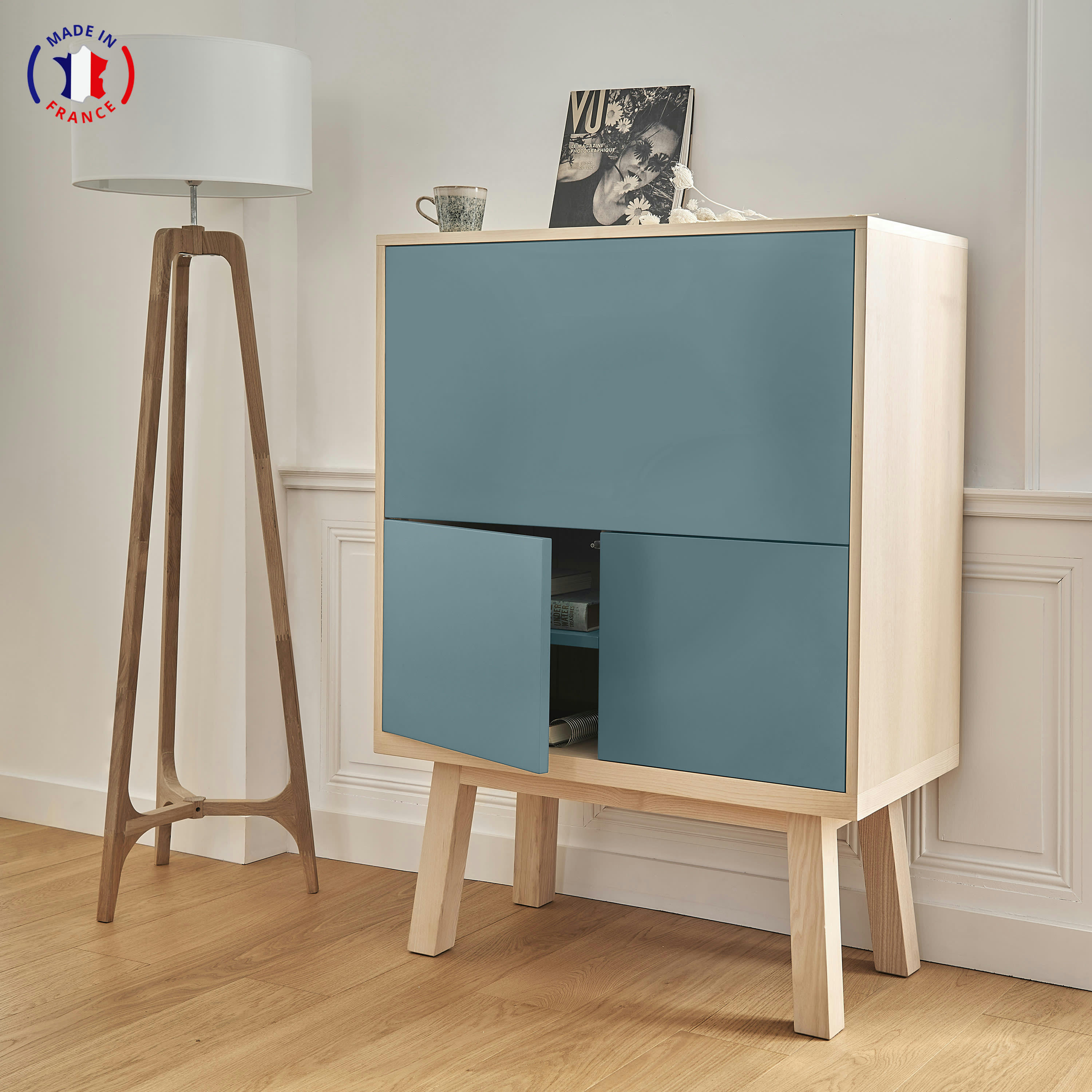 KUBE - Bureau secrétaire avec rangement de 90 cm de large, en frêne