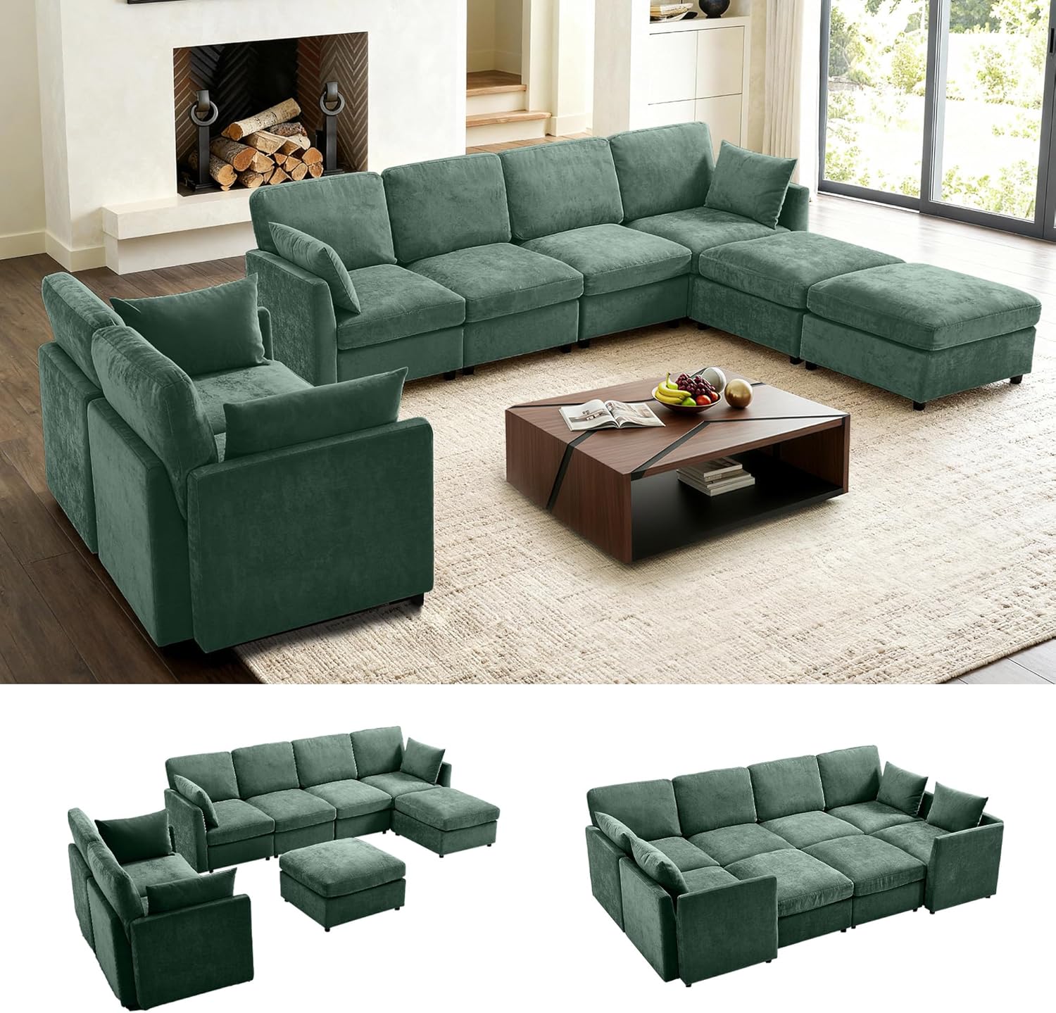 Iroomy Modular Sectional Couch for Living Room, Spring Cushion Seating, Modern Convertible Cloud Sofa with Ottoman, Green | Convertible, Balanced Comfort, Soft-Strong Chenille, Apartment-Friendly