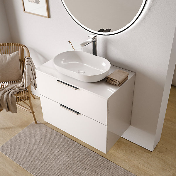 Meuble sous vasque suspendu MDF Blanc brillant 80x46x62cm 2 tiroirs, Plan lavabo Anthracite mat   poignée Chrome - TIM80