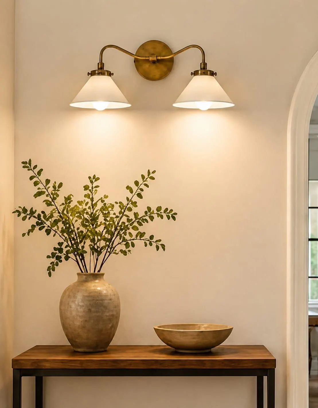 Double Brass Wall Sconce | Mid Century Modern Wall Light | White Cone Shade Lamp | Handmade Bedroom & Hallway Lighting