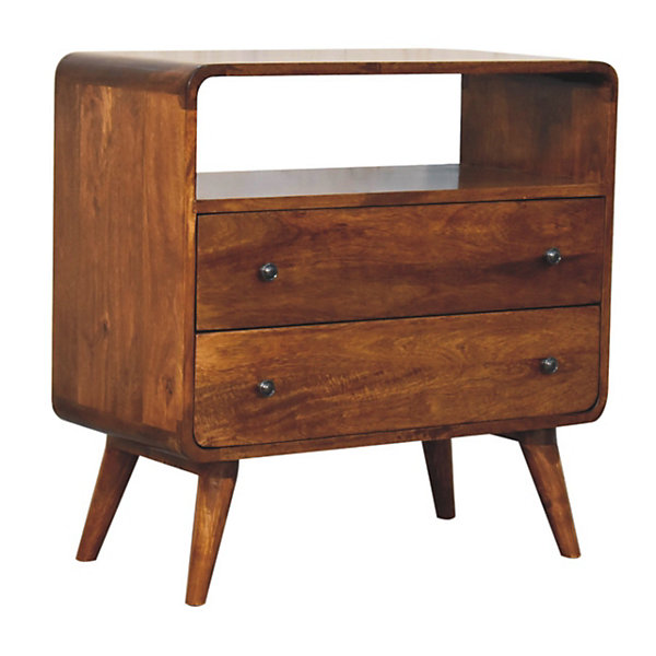 Artisan Furniture Bois massif courbé Nordic Charm commode, 2 tiroirs, 1 niche ouverte, marron foncé