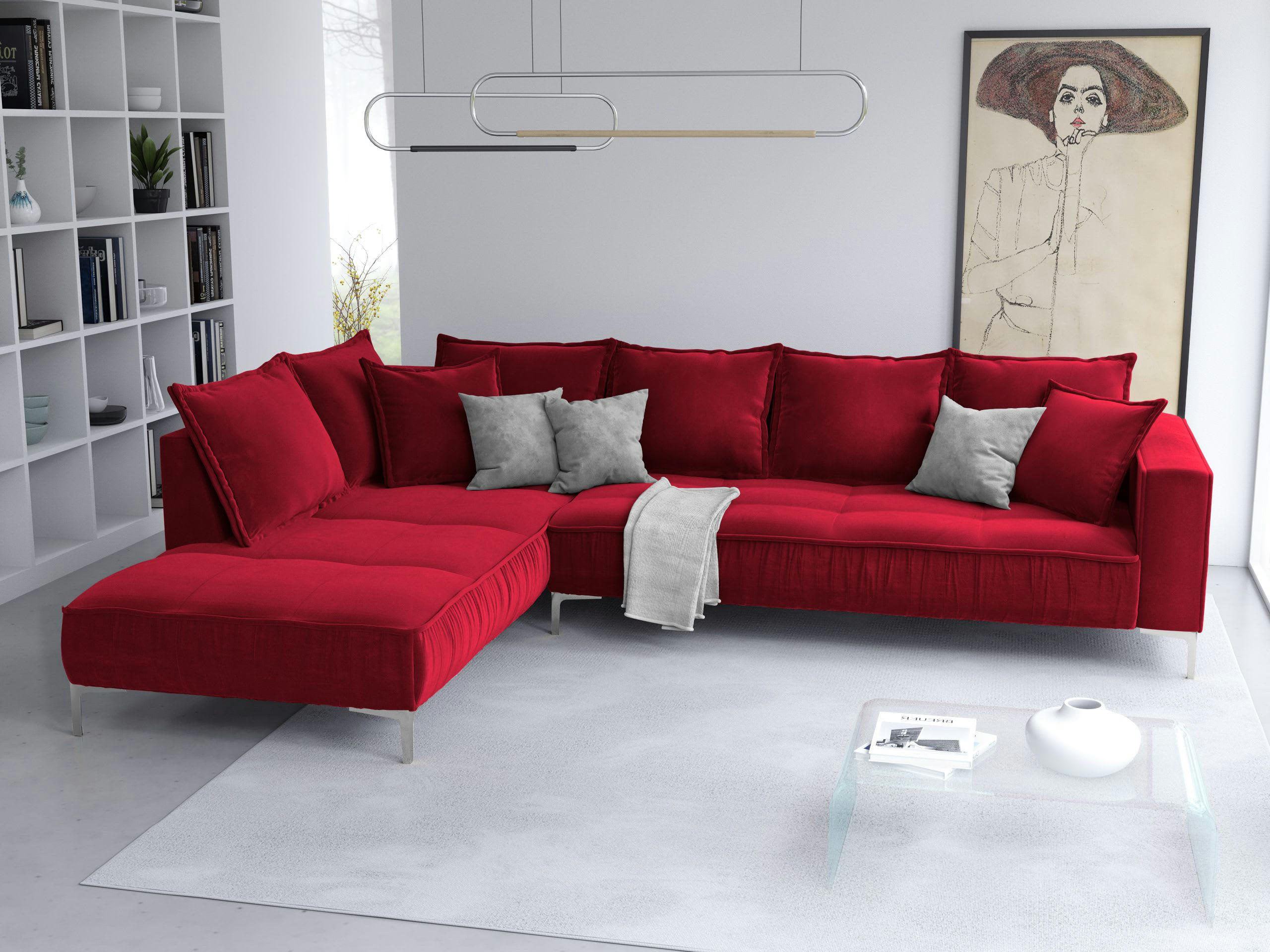 JARDANITE - Canapé d'angle 5 places en velours rouge