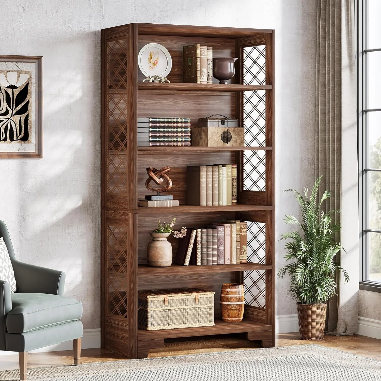 70.8 Bookcase, 6-Tier Vintage Tall Bookcase 5-Shelf Display Rack Storage Shelves