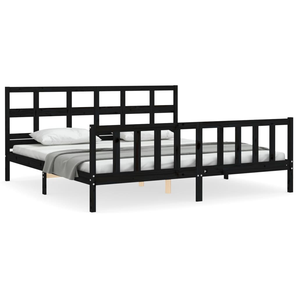 Rama łóżka z wezgłowiem czarna 200x200 cm lite drewno