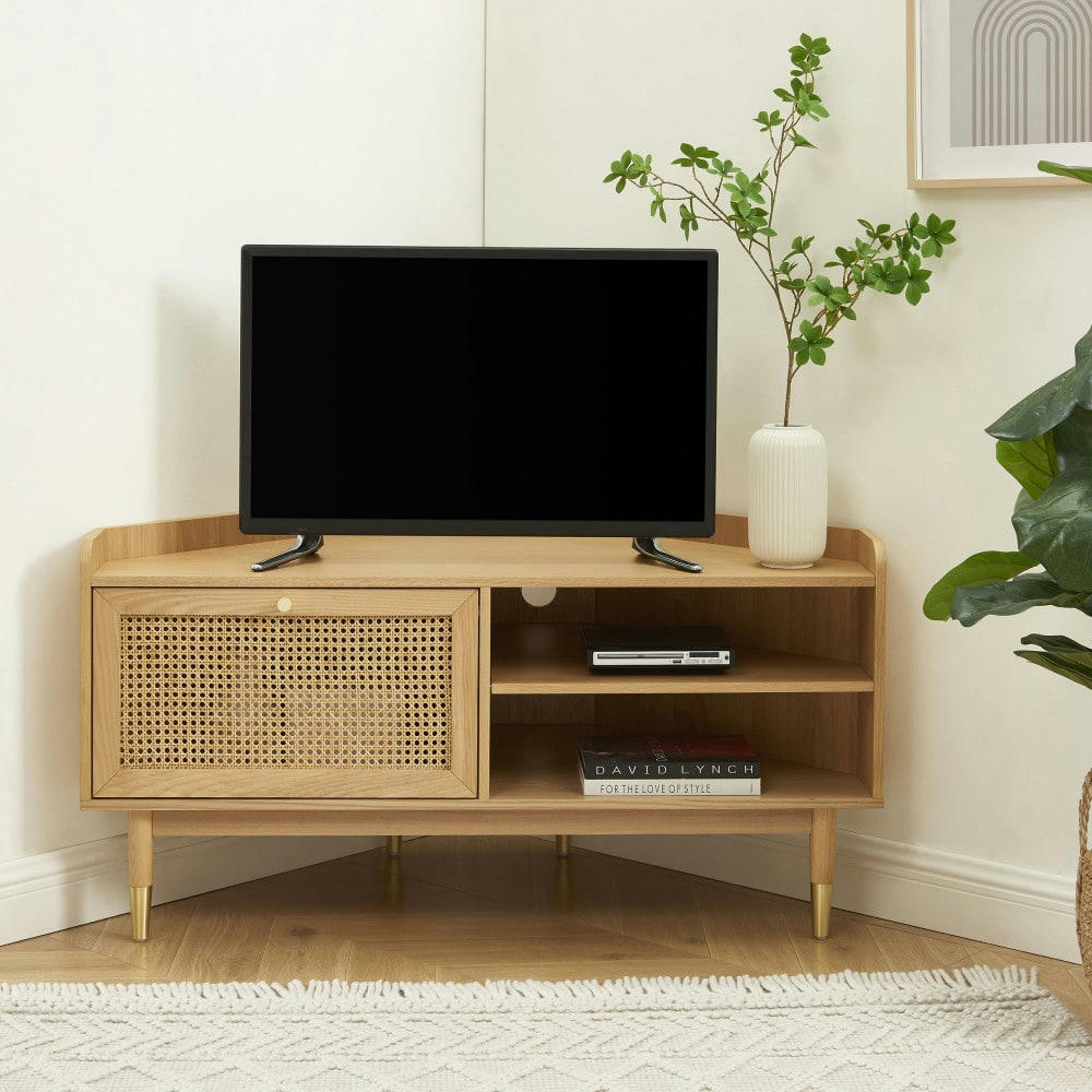 BOMBONG - Meuble tv d'angle en bois et cannage L120cm bois clair