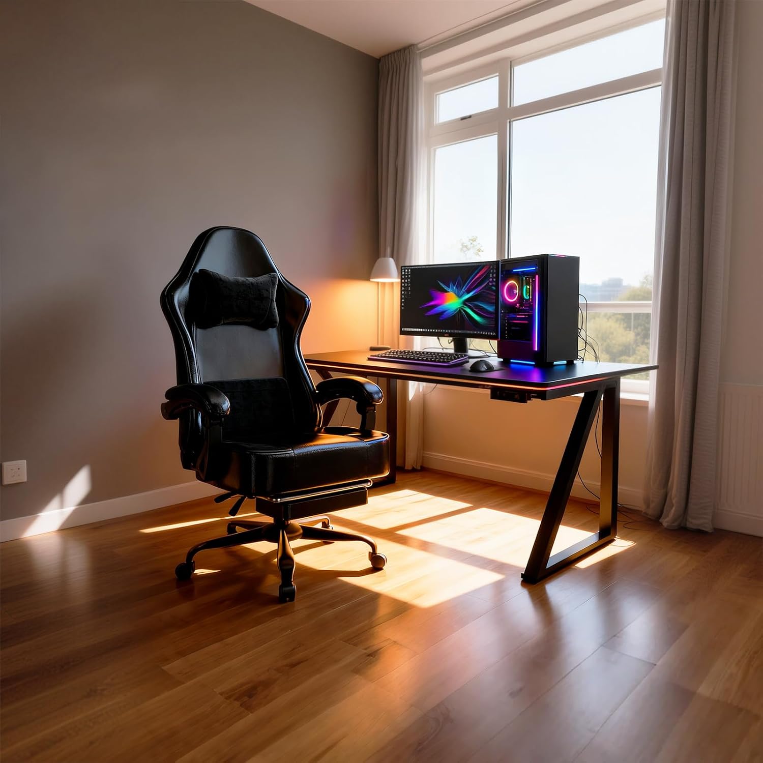 Gaming Chair with Pocket Spring Cushion and Footrest, Ergonomic Computer Chair for Adults, Breathable PU Leather Game Chair, Adjustable Headrest and Lumbar Support Office Desk Chair