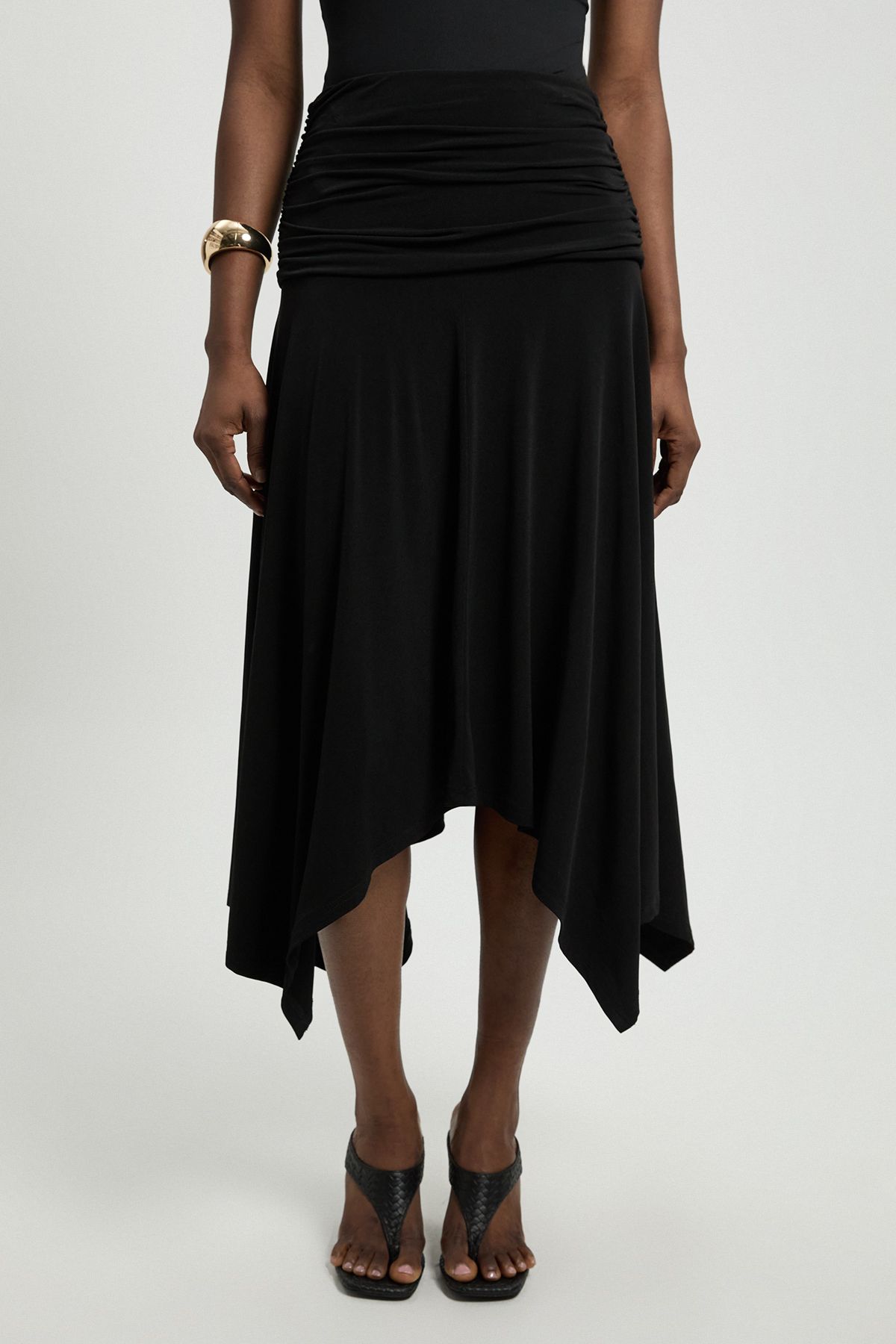 KarenMillen Stretch Drapey Crepe Ruched Hanky Hem Midi Skirt