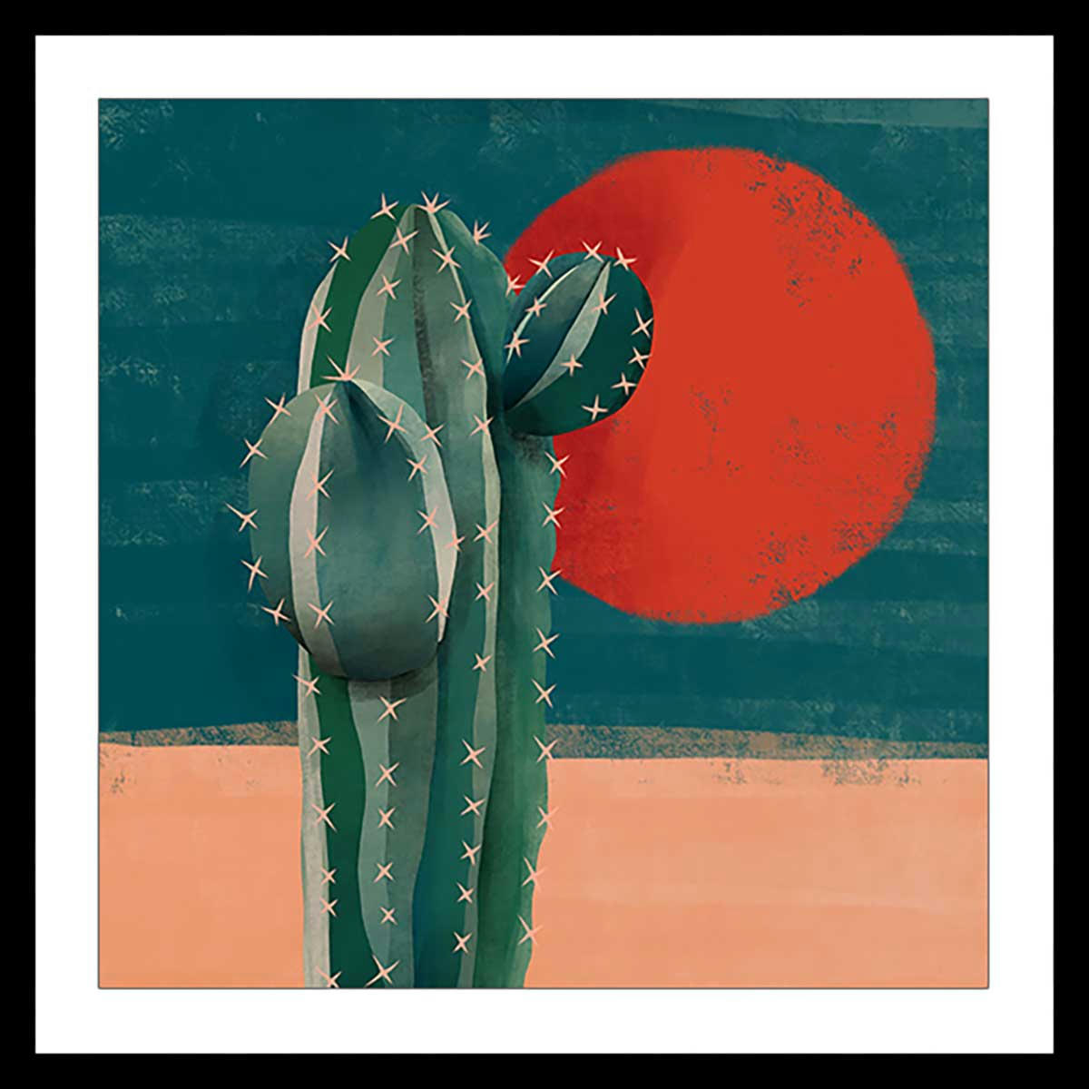 - Affiche illustration cactus et soleil rouge avec cadre noir 50x50cm