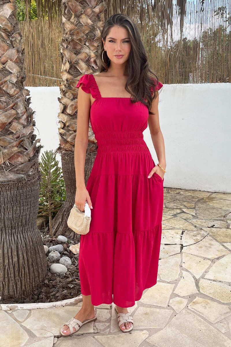 AX Paris Magenta Frill Strap Smock Midi Dress