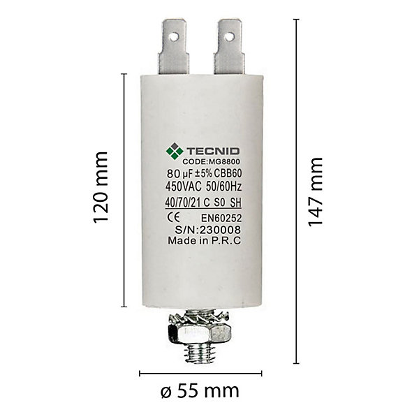 Condensateur de démarrage pour moteurs électriques, 450V, capacité : 80 microfarad, 4 broches / M8