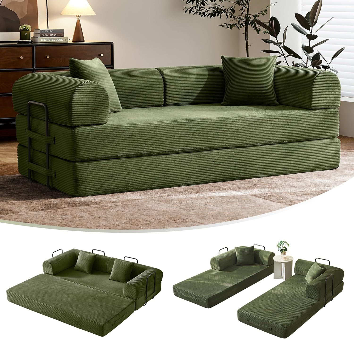 79 Convertible Sofa Bed with Fixed-Shape Frame & Removable Armrests, Modular Corduroy Sleeper Sofa, Folding Mattress Couch for Small Spaces - No Assembly Needed in Green (Includes 2 Pillows)