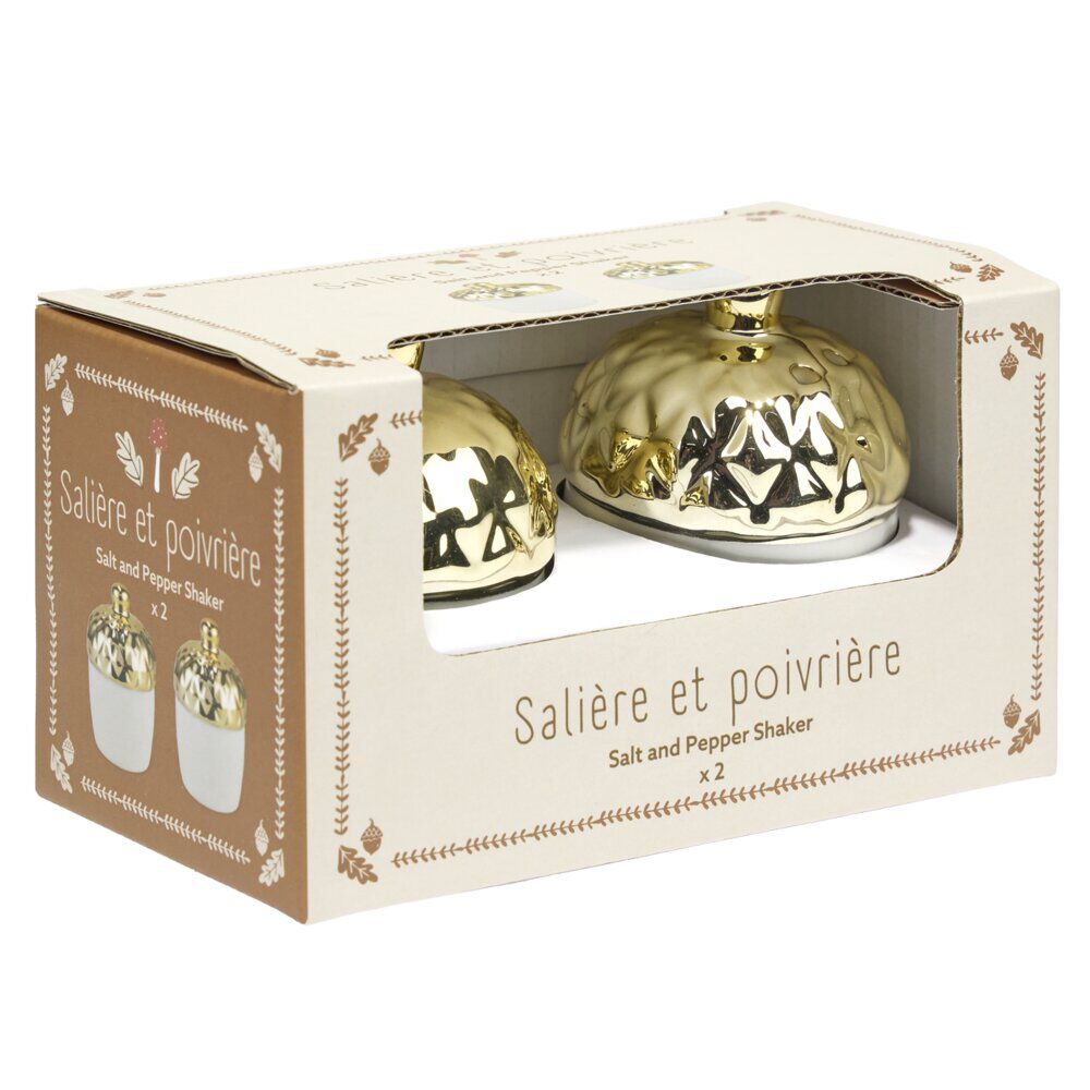 Salière et poivrière forme gland automne dolomite doré et blanc Ø5xH7,5cm