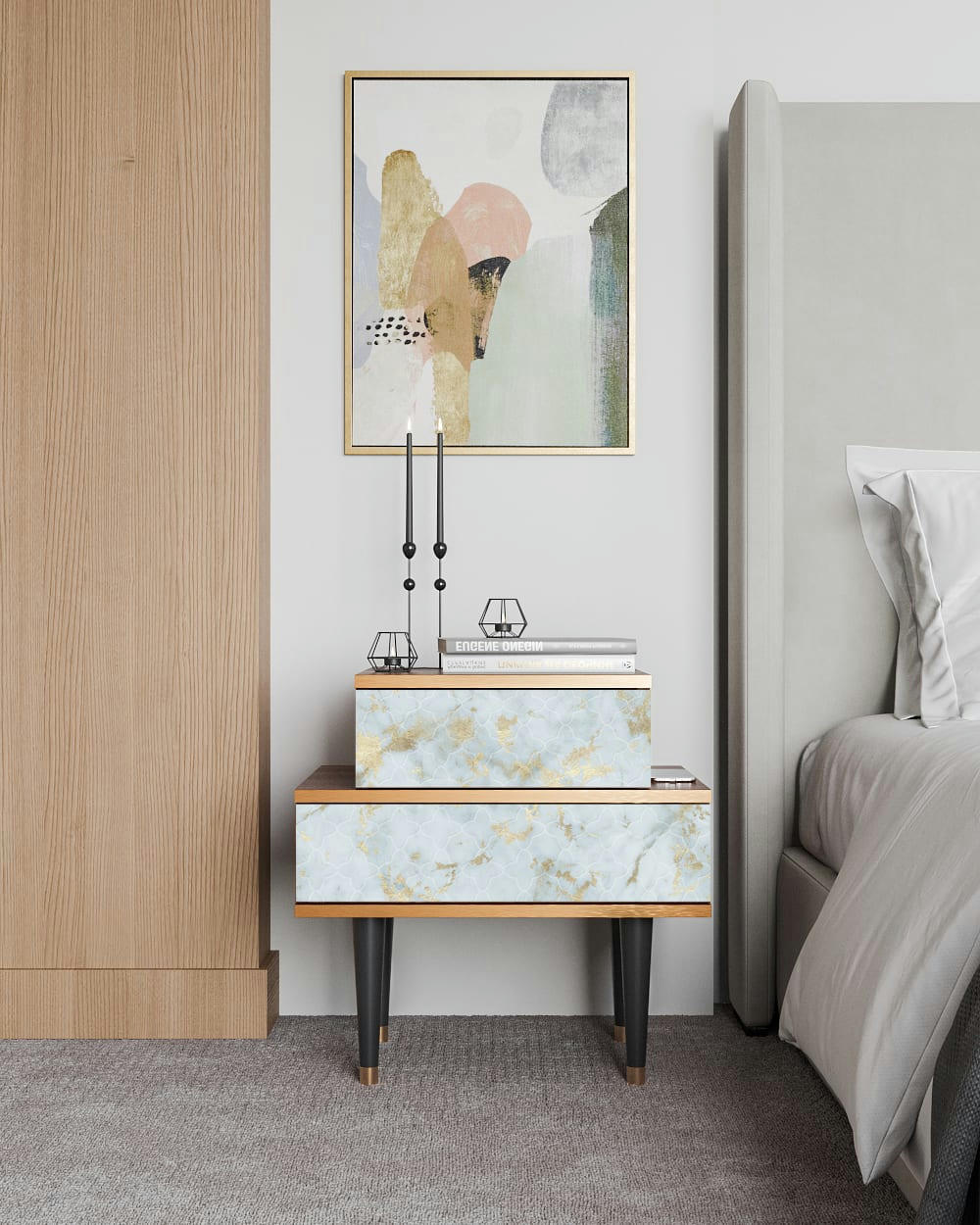 GOLDEN WAVES - Table de chevet blanc clair 2 tiroirs L 58 cm