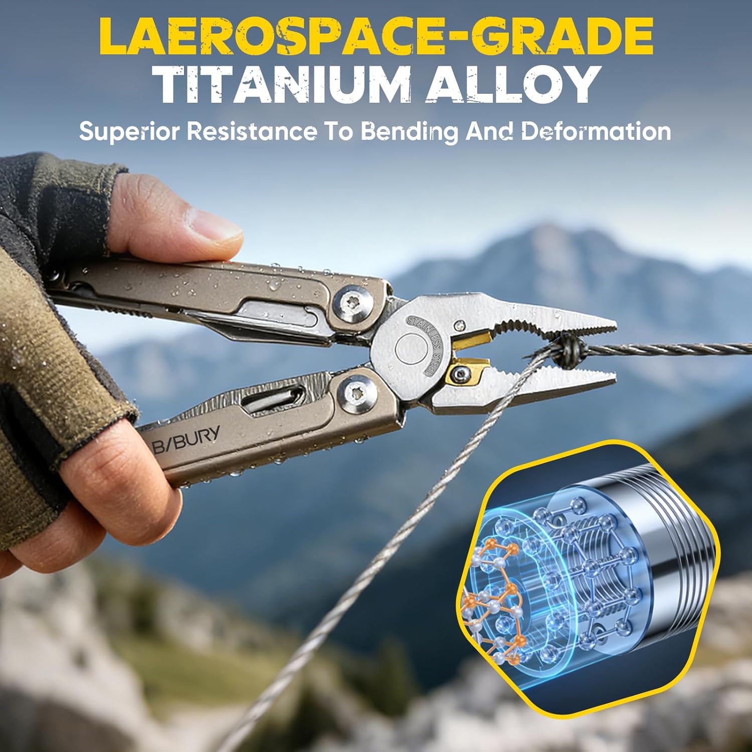 BIBURY Titanium Alloy Multitool with Damascus Knife, EDC Multi tools with Replaceable Wire Cutters, Scissors, Screwdriver Bits, Titanium Handle Multi-Tool for Camping, Survival, Repair - BI2049TI