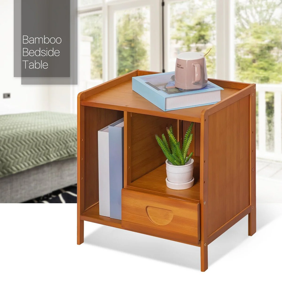 Bamboo Nightstand with Open Shelves and Drawer for Bedroom