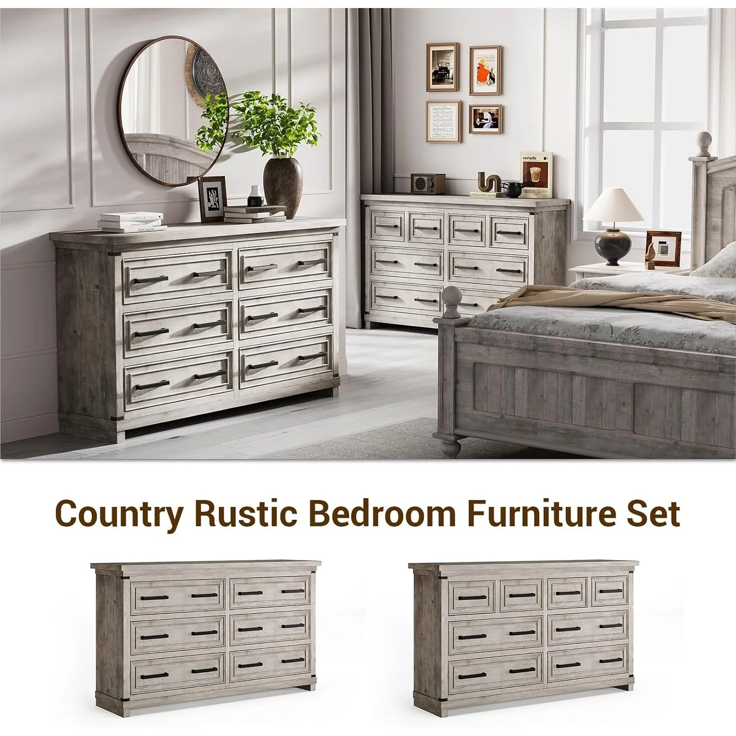 6 Drawer Dresser for Bedroom, 55” Rustic Wood Chest of Drawers