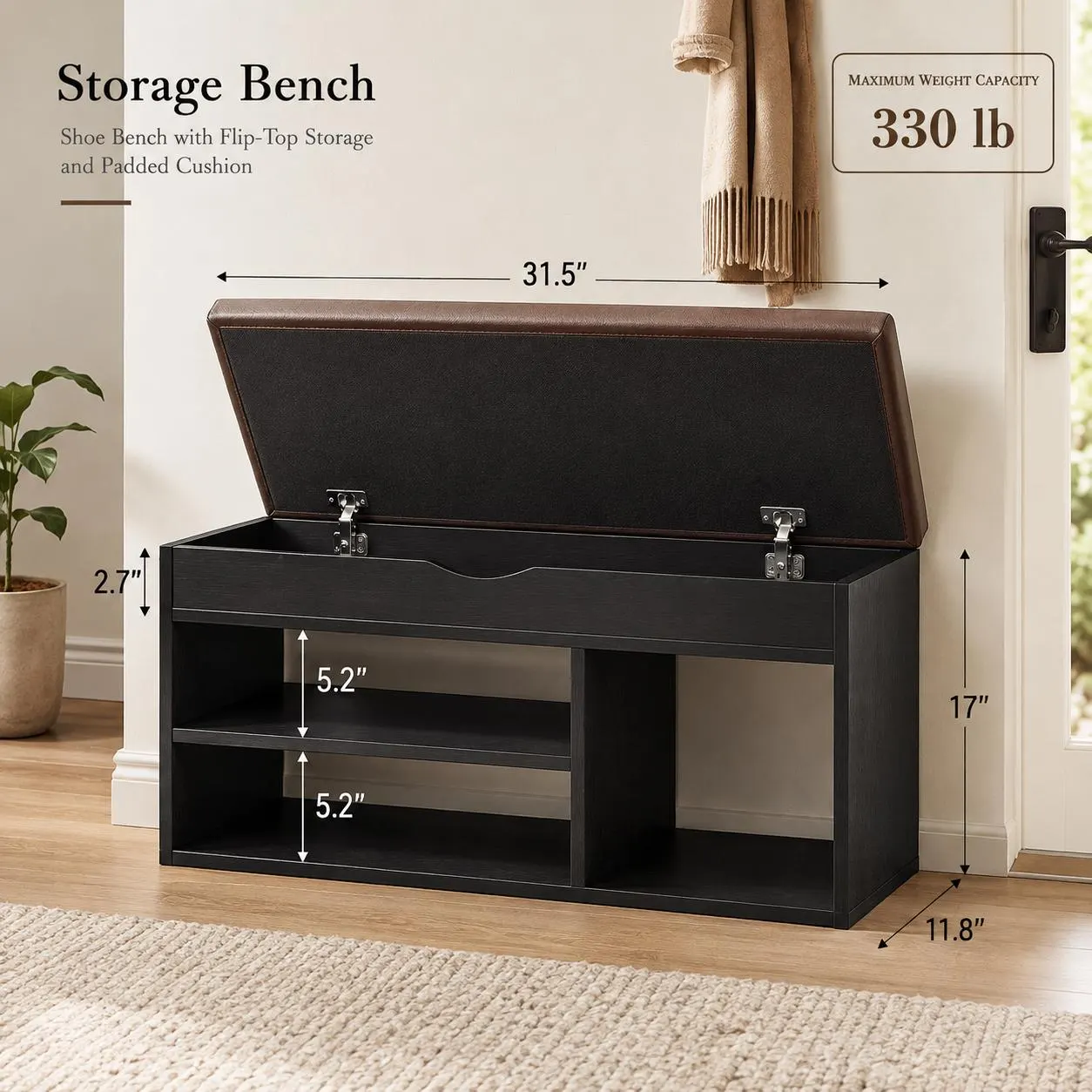 Shoe Storage Bench with Padded Seat, Black 2 Tier Entryway Shoe Rack with Hidden Storage, Wooden Organizer for Hallway Mudroom.