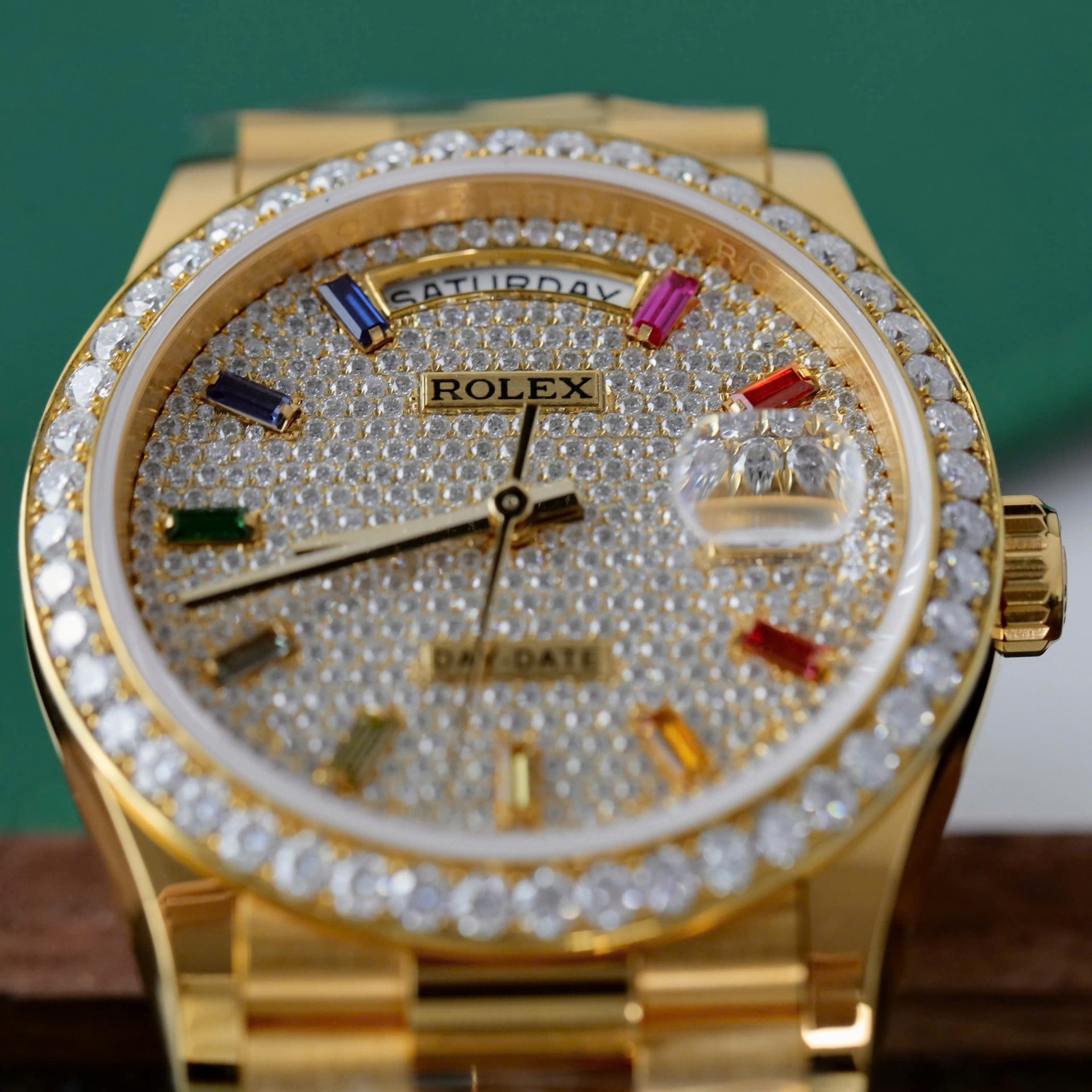 Rolex Day-Date YG Plated Paved-Rainbow Diamond Dial 36mm Super Clone