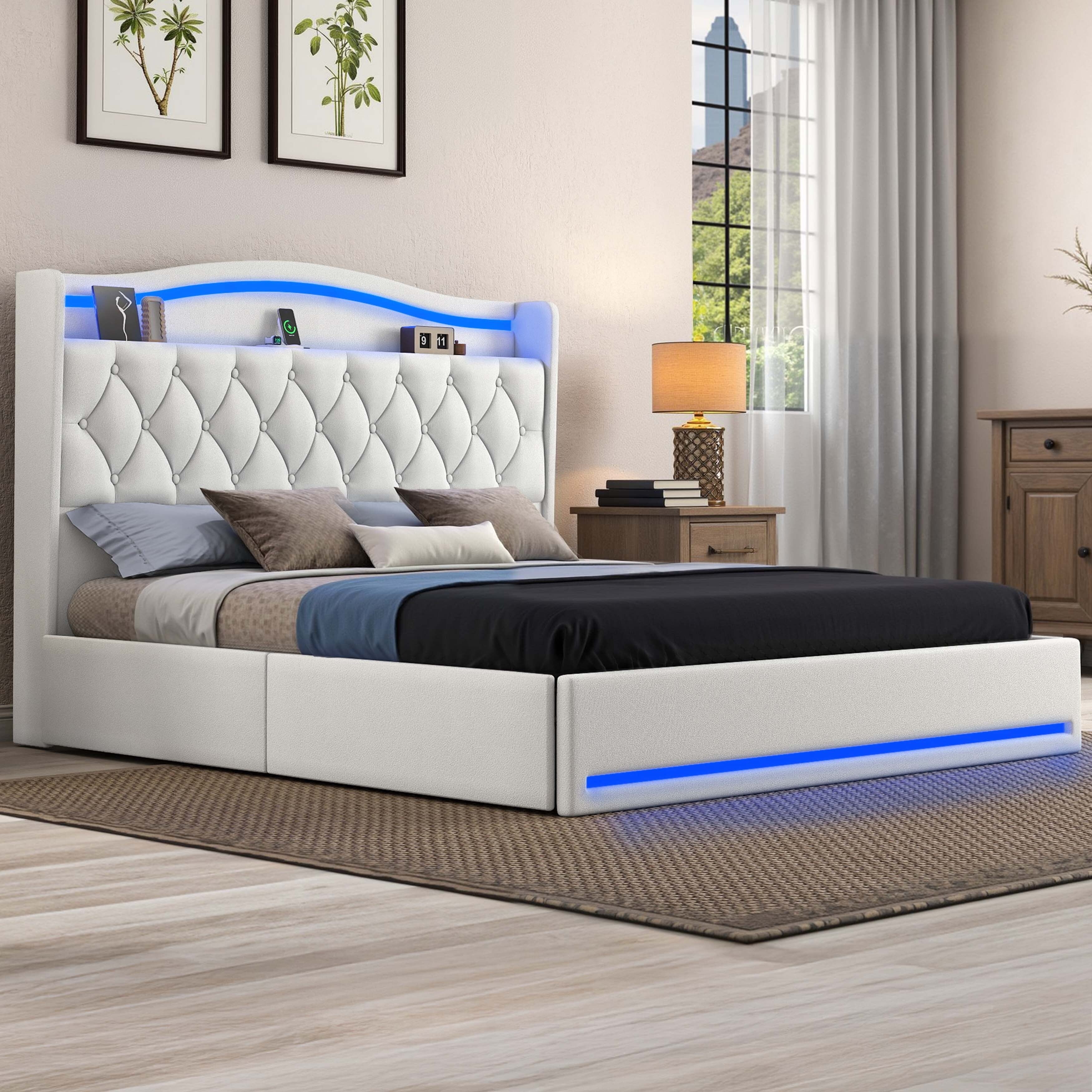 Moasis Queen Size Velvet Upholstered Bed Frame with 4 Storage Drawers & RGB Lights