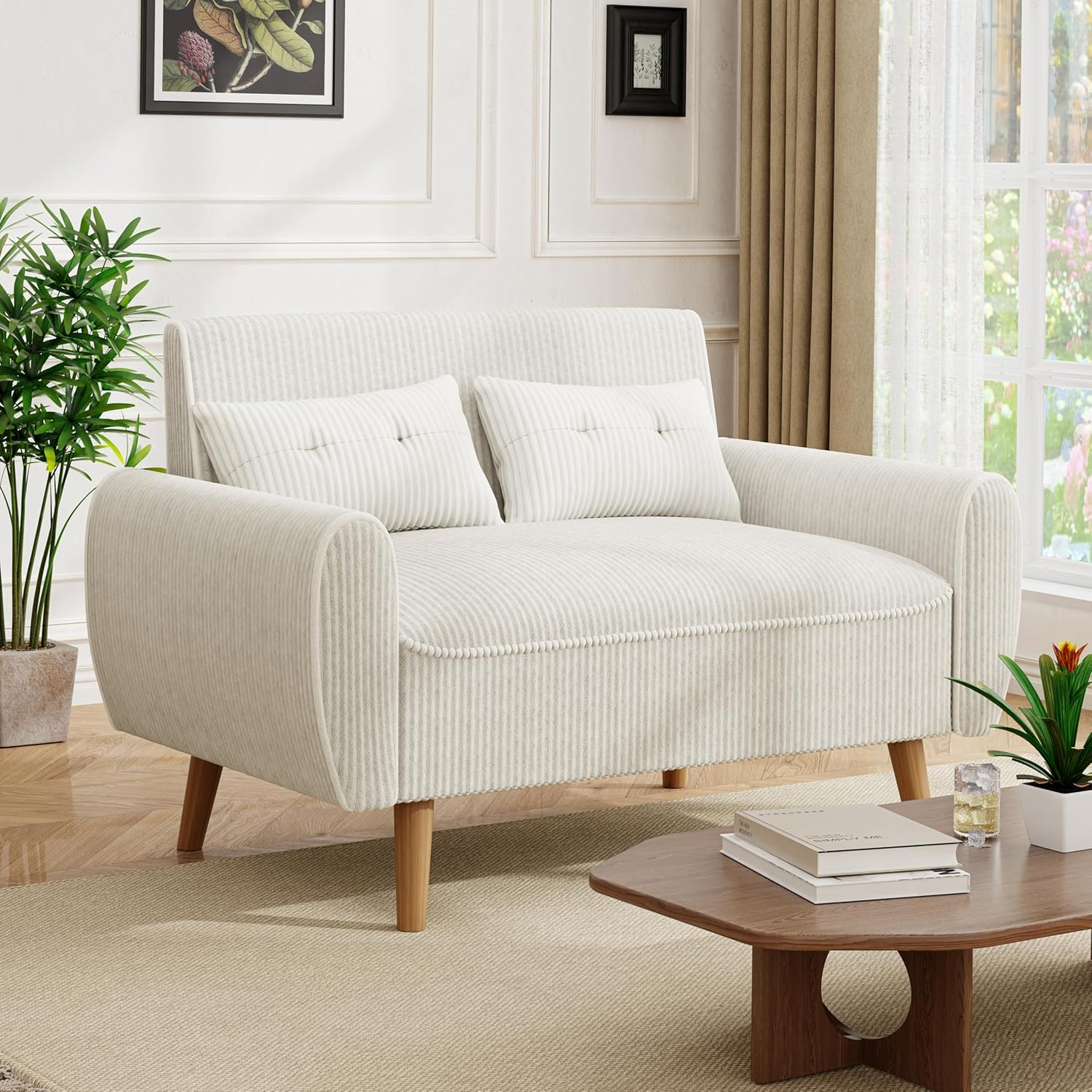 JAMFLY 47'' Small Loveseat Sofa, 2 Seat Compact Couch with Tapered Legs, White Upholstered Furniture, Solid Wood Frame, Comfy Foam Cushion, Easy Assembly for Small Spaces
