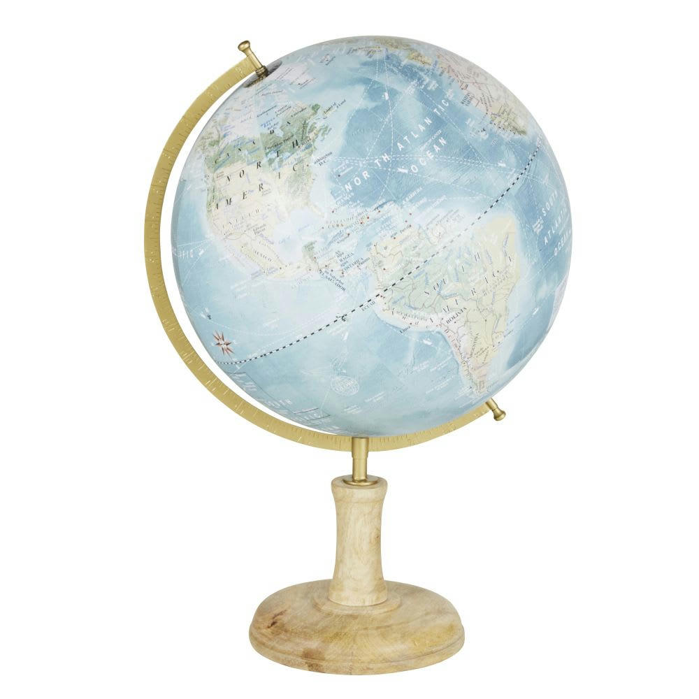 SAINTE-MAXIME - Globe terrestre pied en bois de manguier et carte du monde bleue