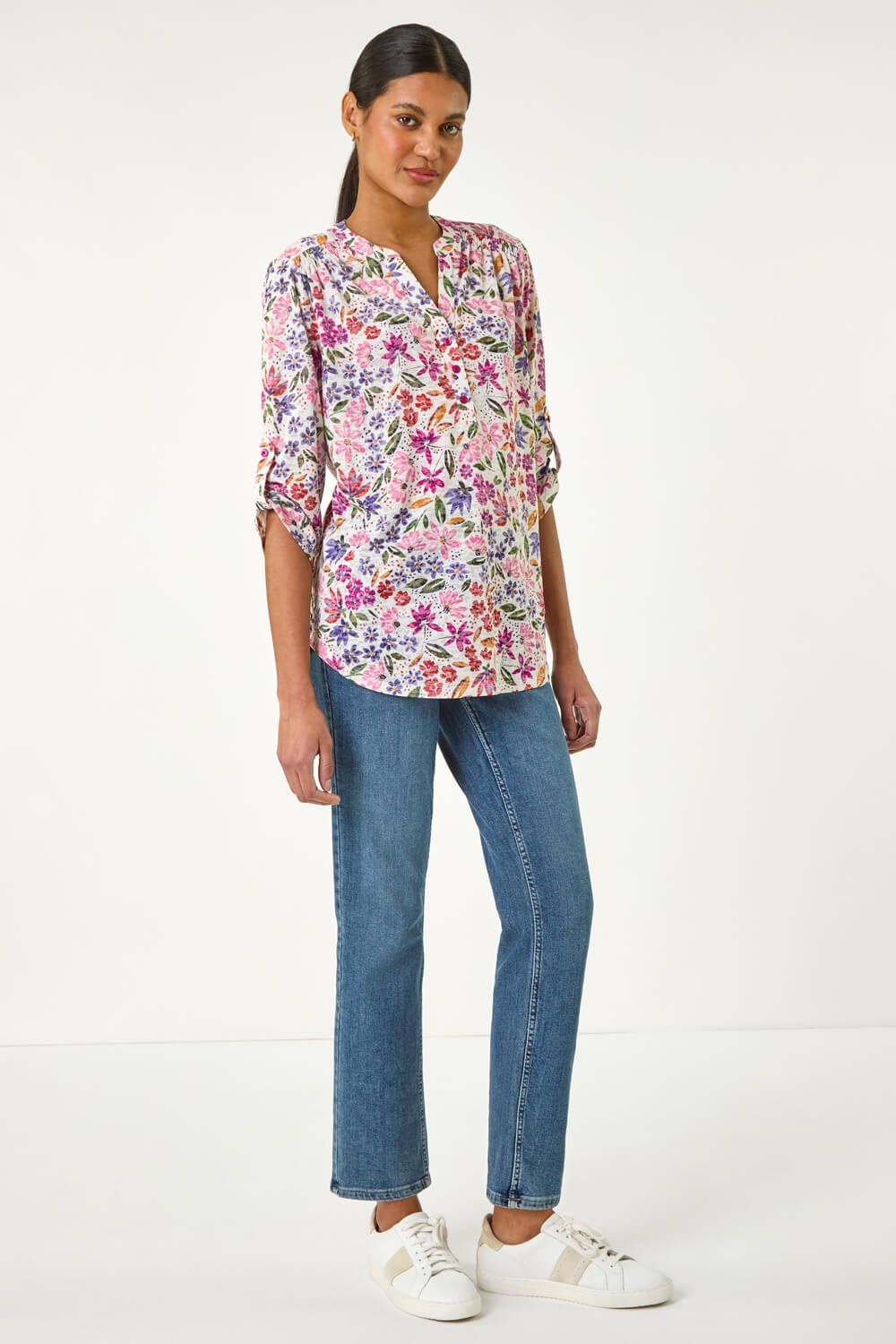 Roman Floral Print Burnout V-Neck Top
