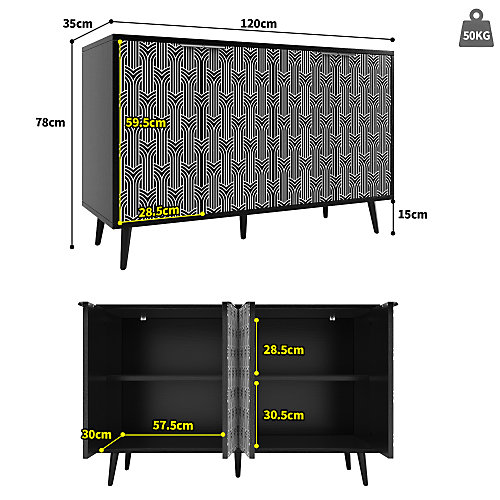 Buffet de rangement 120x35x78 cm noir avec portes sculptées motif chevrons style moderne