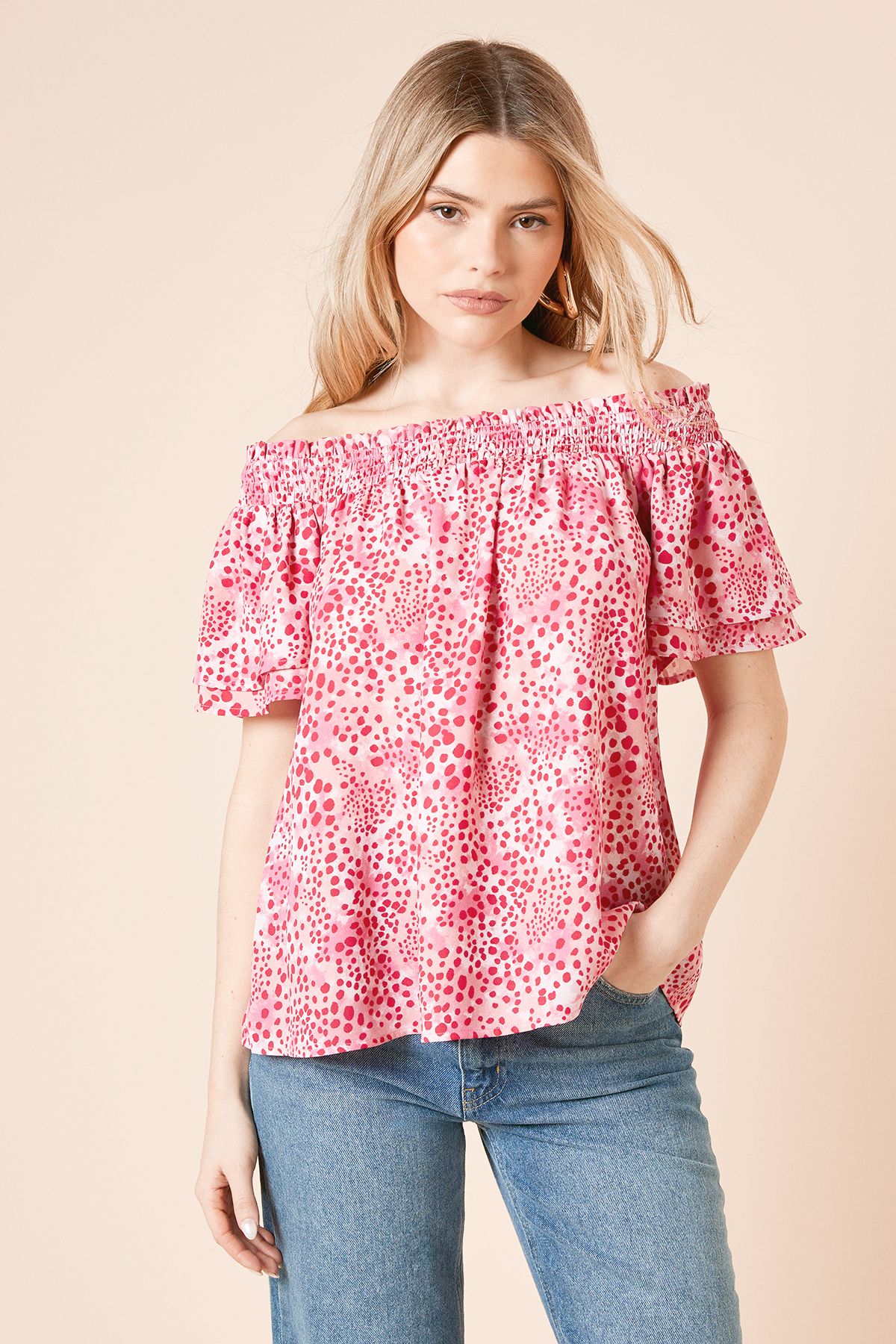 Dorothy Perkins Patchwork Animal Bardot Double Frill Sleeve Top