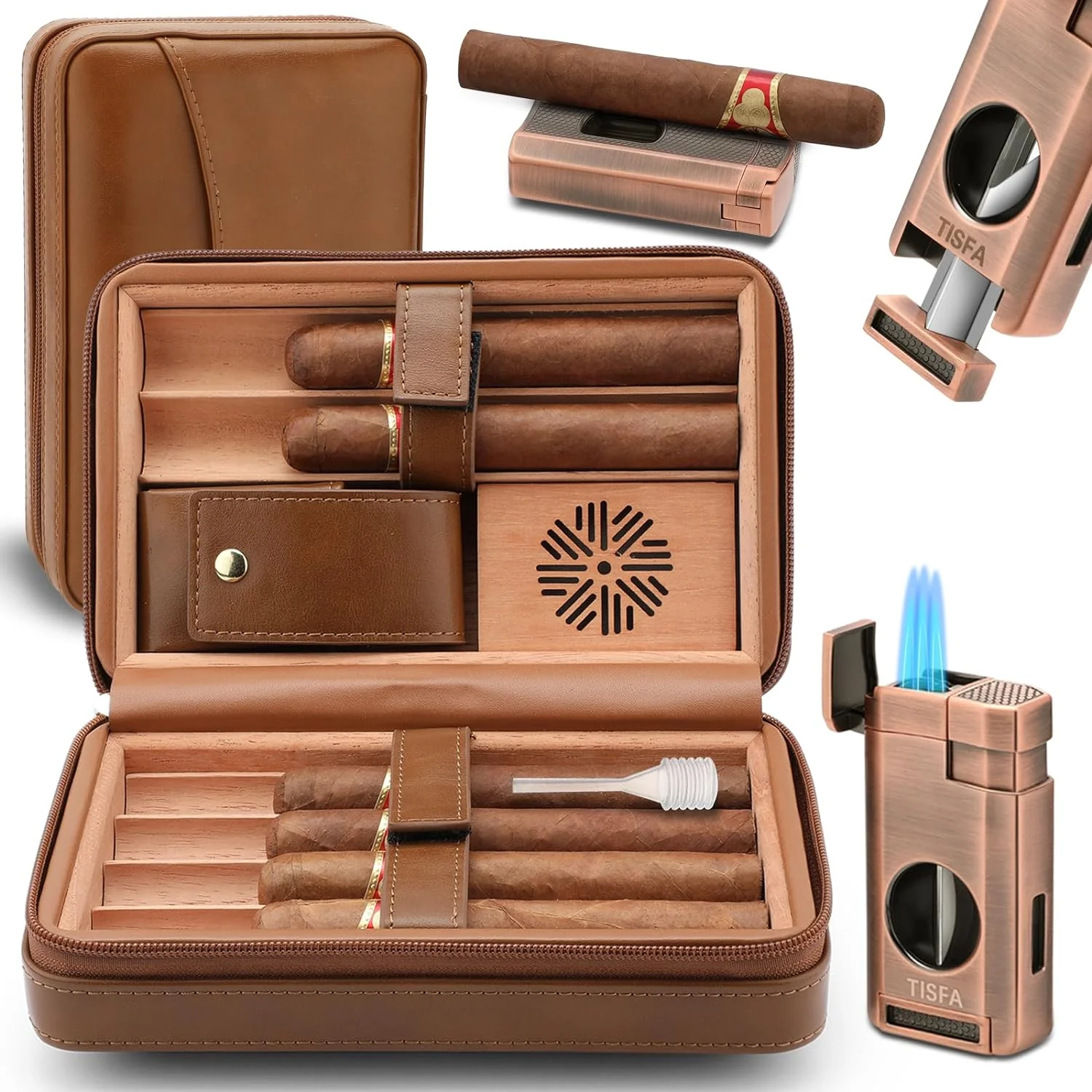 Cigar Humidor, Leather Cedar Wood Cigar Case with Cigar Lighter, V Cut Cigar Cutter, Cigar Holder 3 in 1, Portable Travel Cigar Humidor Box with Humidifier (Black)(Brown)