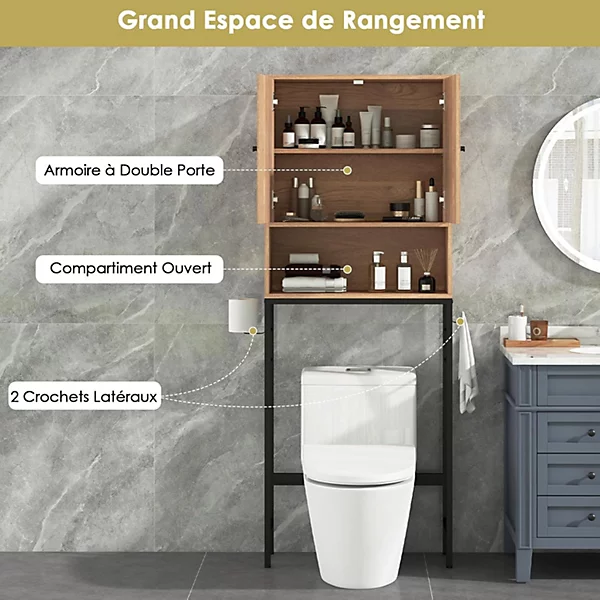 Meuble WC Au Dessus des Toilettes Meuble de Salle De Bain avec Armoire à Double Porte Compartiment Ouvert Naturel