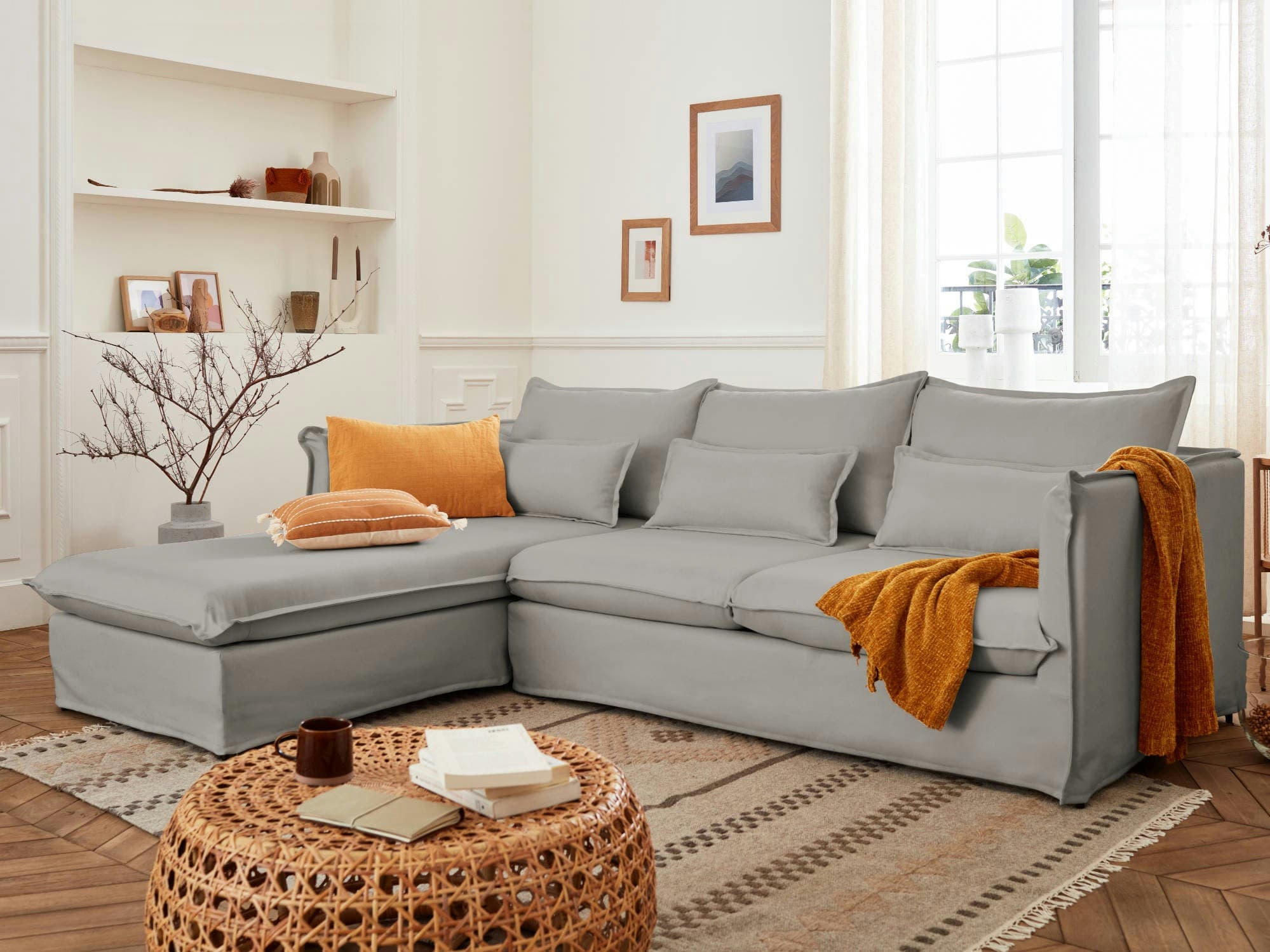 ADRIANN - Canapé d'angle gauche 4 places en tissu gris clair