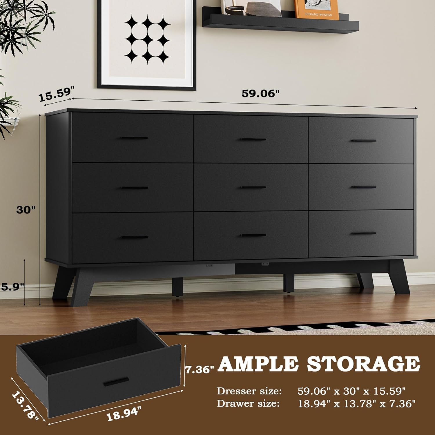 Dresser for Bedroom with 9-Drawer, 59 Wide Modern Chest of Drawers with Metal Handles, X-Shape Base & Adjustable Center Leg, Anti-Tip Closet Organizers and Storage