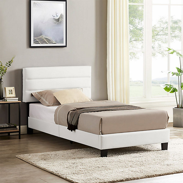 Lit 1 place HUDSON, 90 x 190 cm, capitonné avec sommier, revêtement synthétique blanc